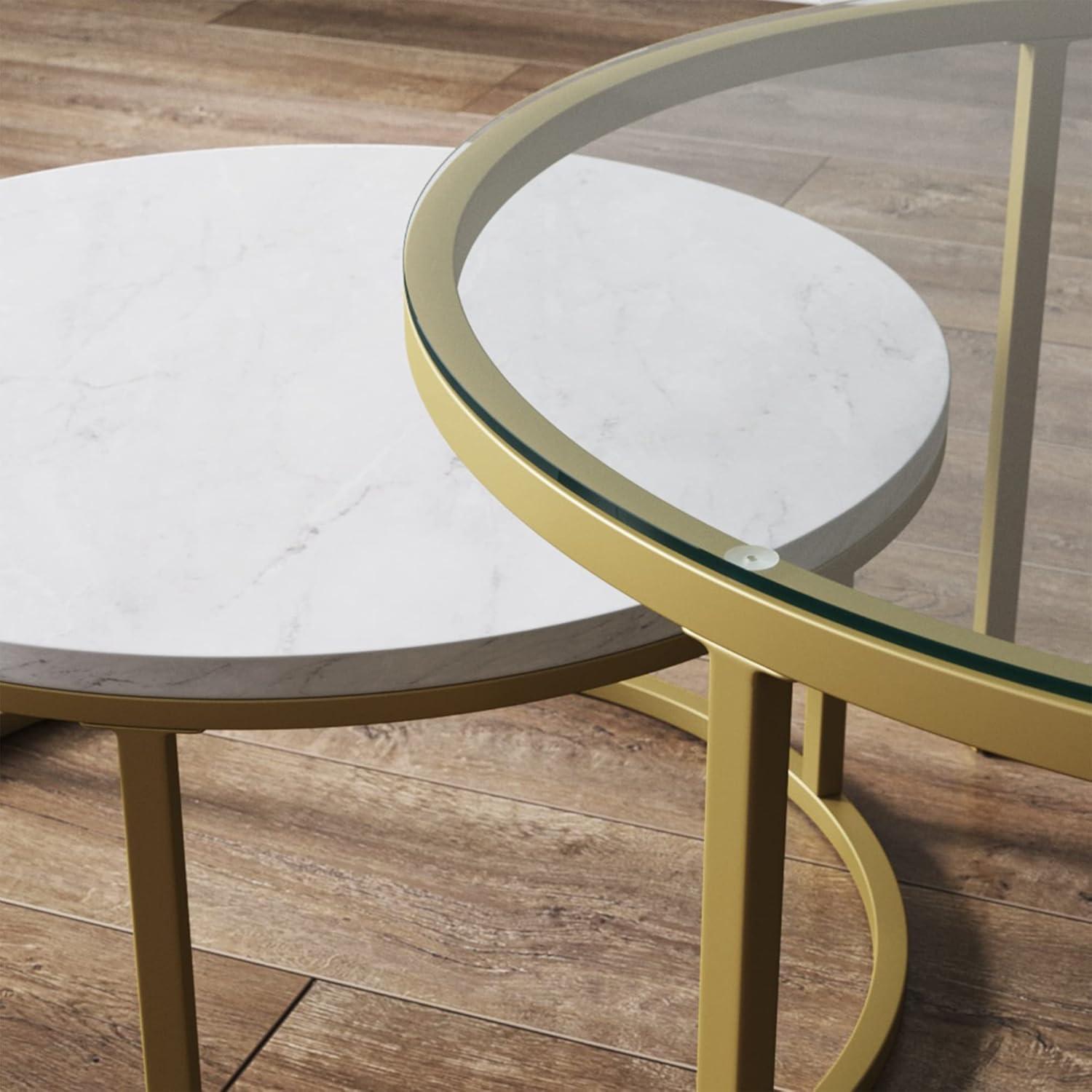 Nathan James Stella Round Nesting Coffee Table Set of 2 Glass, Marble Finish and Metal Frame, Marble/Glass/Gold