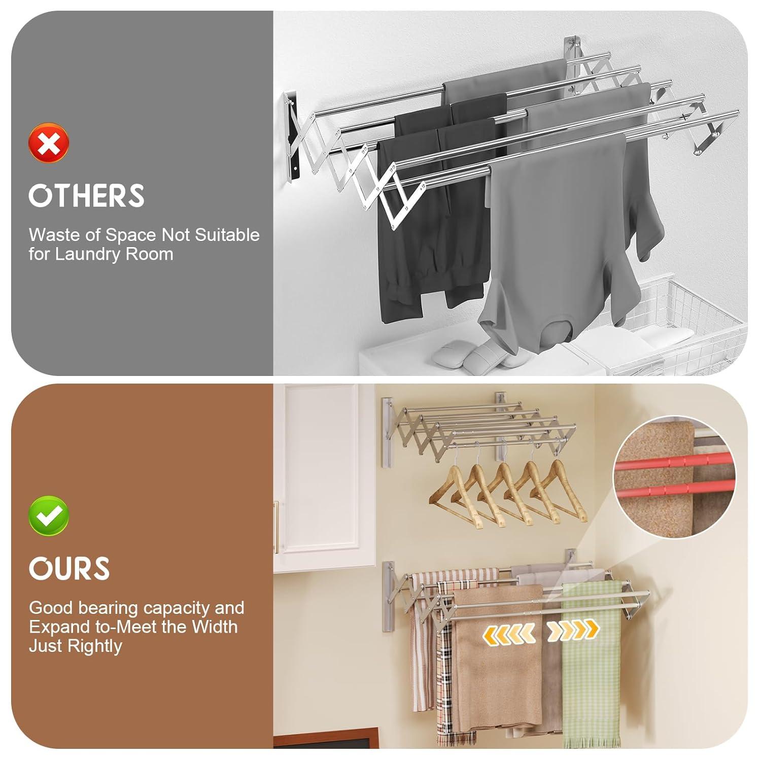 X-cosrack Wall Mounted Clothes Drying Rack, Wide Large Rustproof Retractable Laundry Drying Rack, 8 Bar Space-Saving Aluminium Alloys Clothing Hanger Drying Racks forLaundry