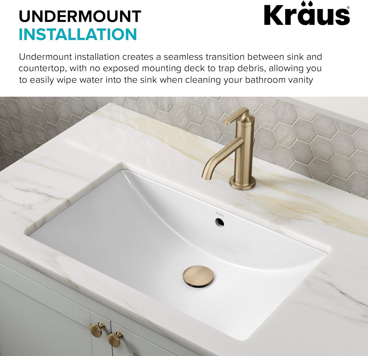 KRAUS Elavo. Rectangular Porcelain Ceramic Undermount Bathroom Sink In White With Overflow Drain, KCU-243