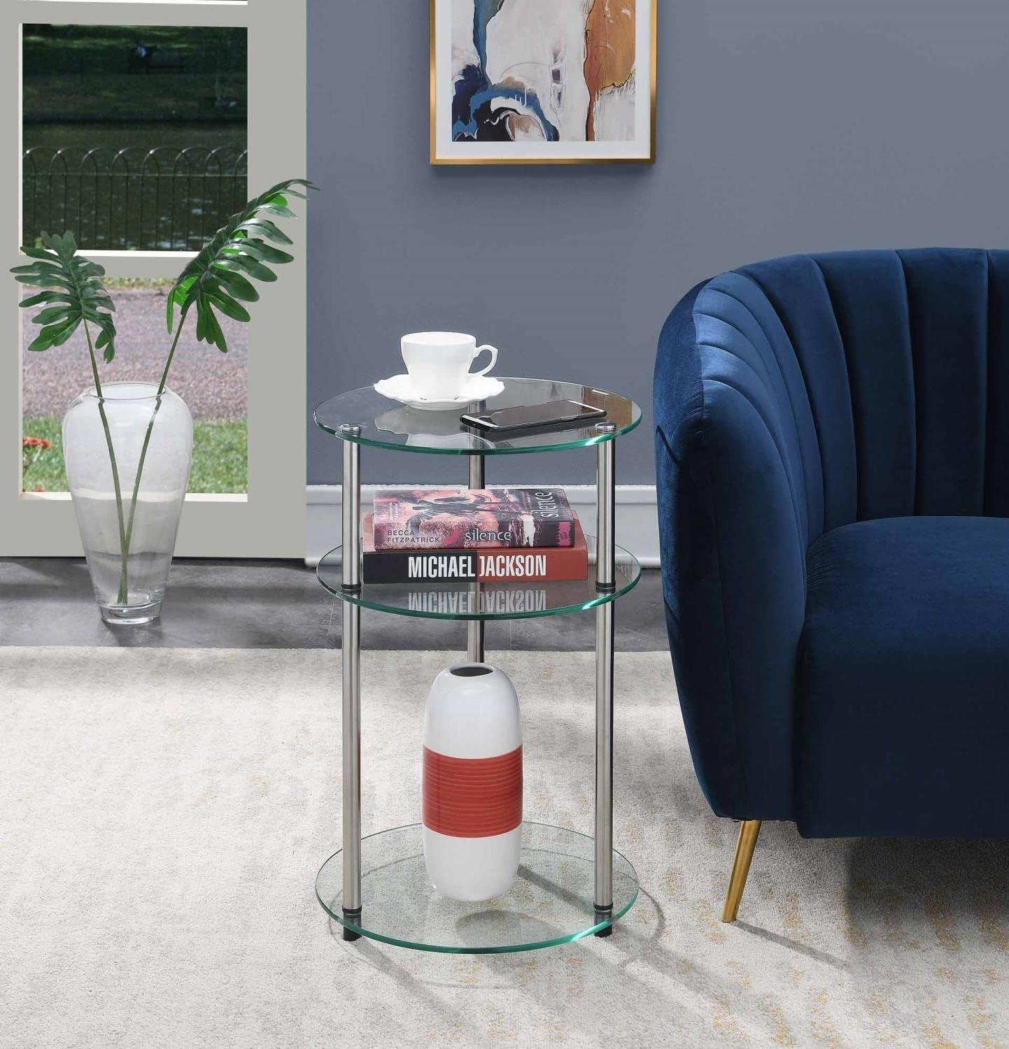 Elegant 16'' Round Metal and Glass 3-Tier Accent Table