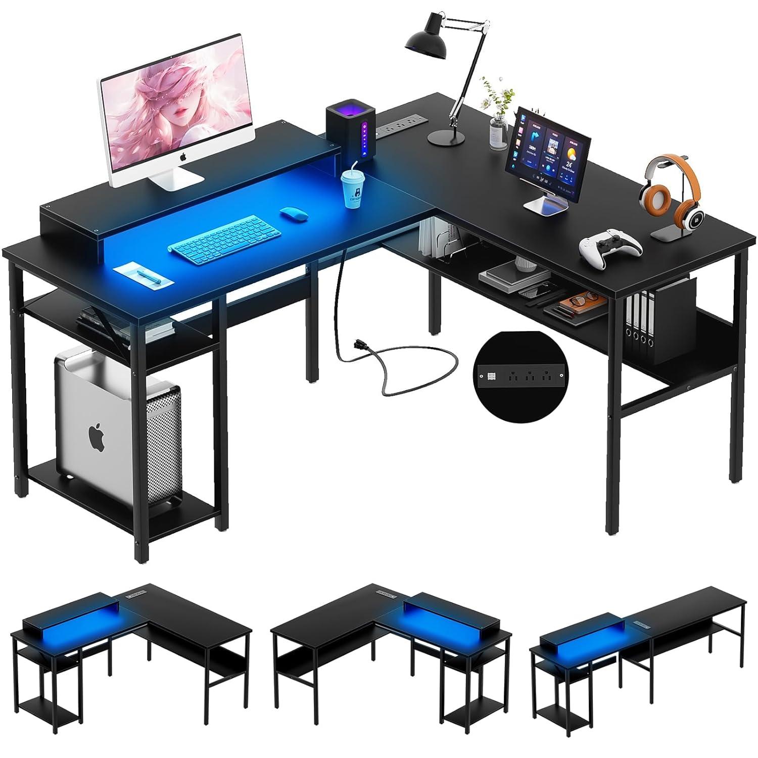 Homieasy Reversible L Shaped Desk with Magic Power Outlets and USB Charging Ports, Sturdy Corner Computer Desk with Storage Shelves, Gaming Table Home Office Desk, Easy to Assemble, Black