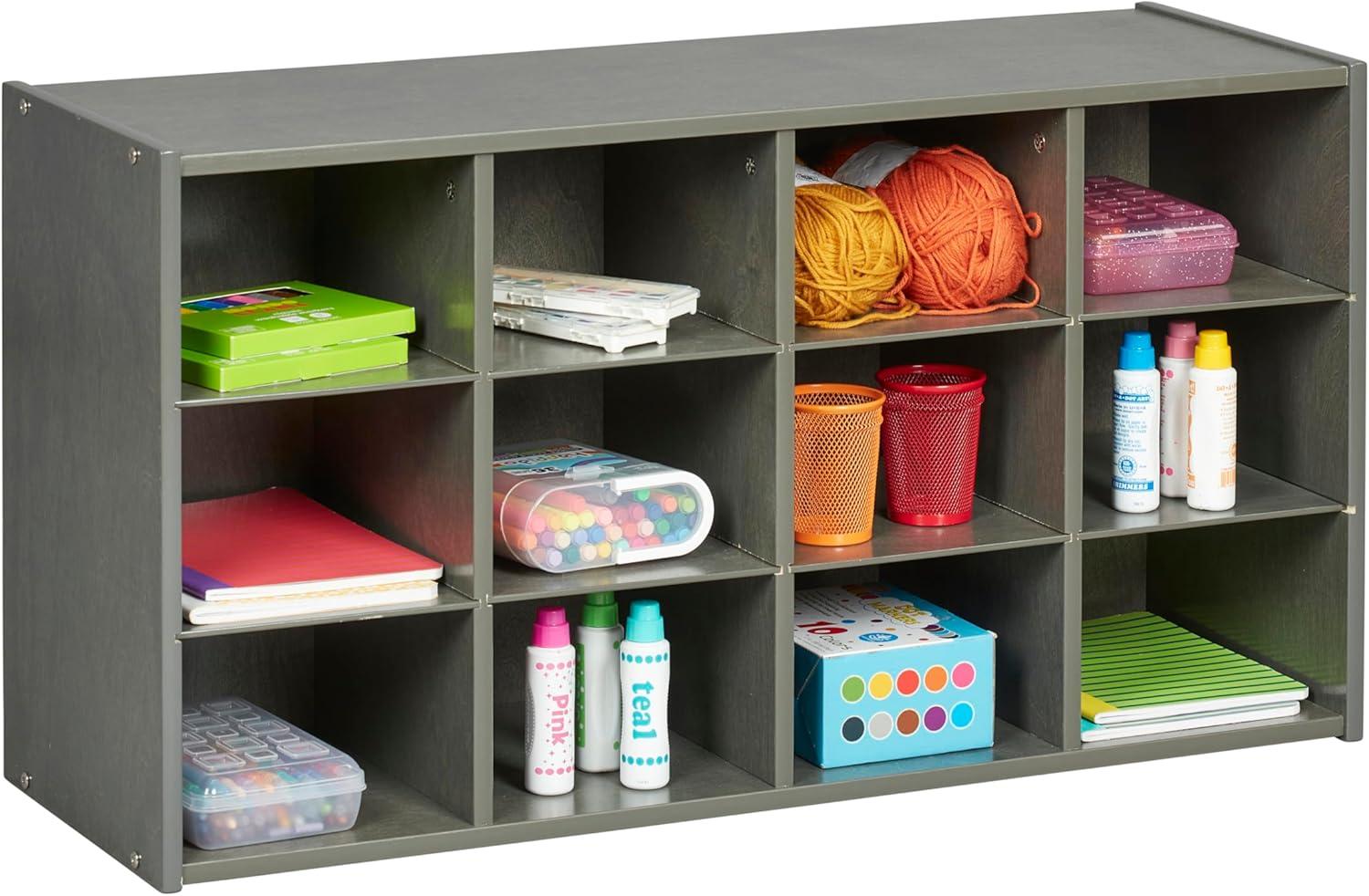 ECR4Kids Streamline 12 Cubby Tray Storage Cabinet, 3x4, Grey Wash