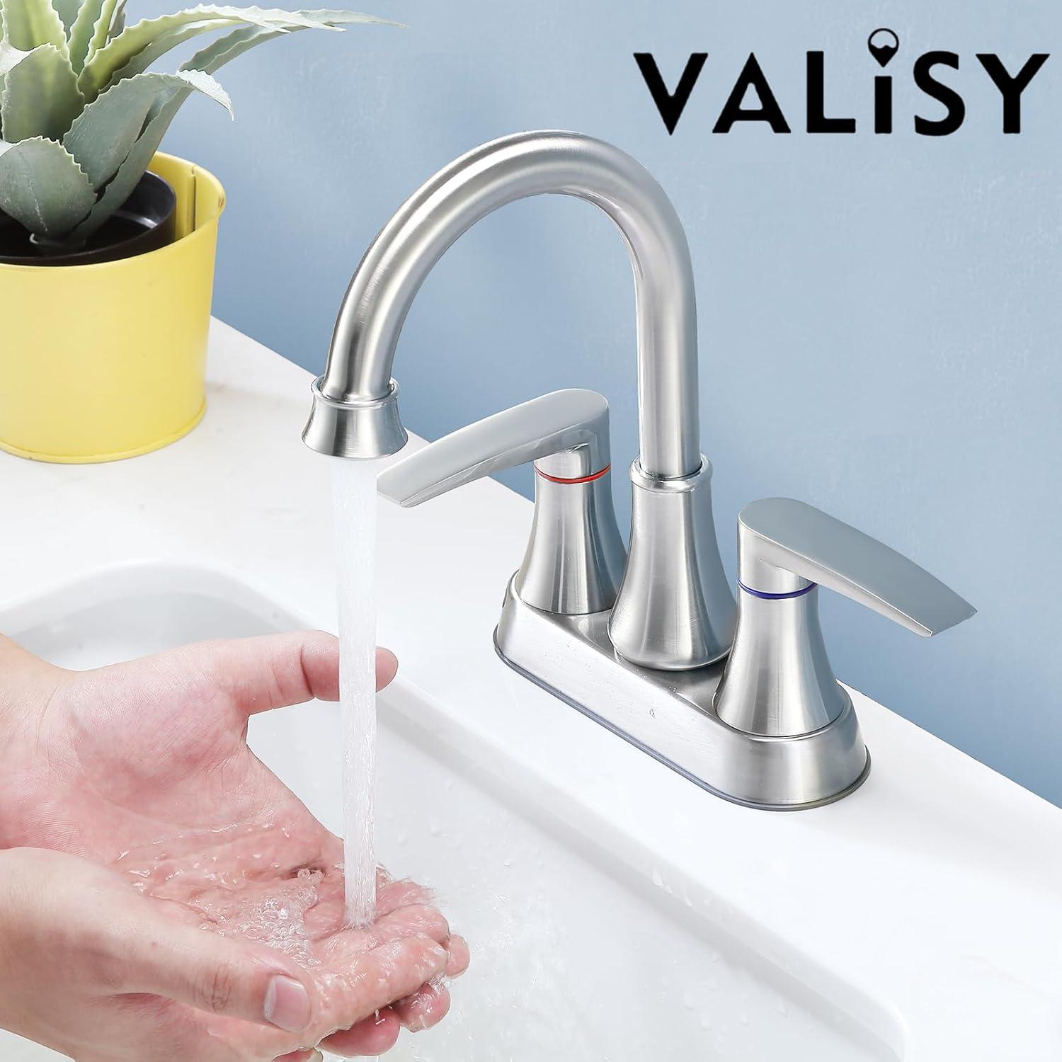 Brushed Nickel Bathroom Faucet, 2-Handle Lead-Free 360° Swivel High-Arc Spout 4 Inch Centerset Bath Lavatory Vanity Sink Faucets Set for Sinks with Drain & Water Hoses, VABM80008L