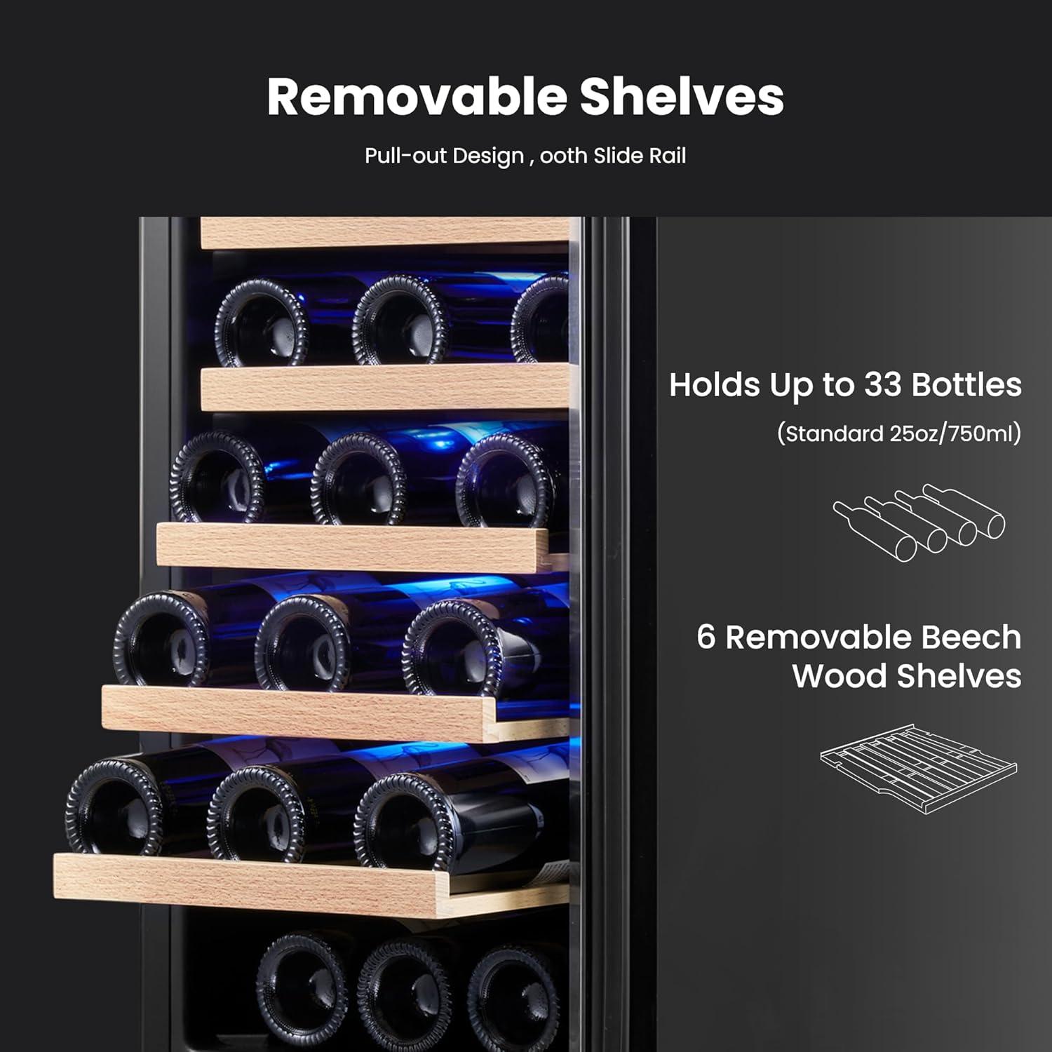 Yeego 15" Wine Cooler Refrigerator,33 Bottle Single Zone Wine Fridge with Stainless Steel Tempered Glass Door,Freestanding and Built-in