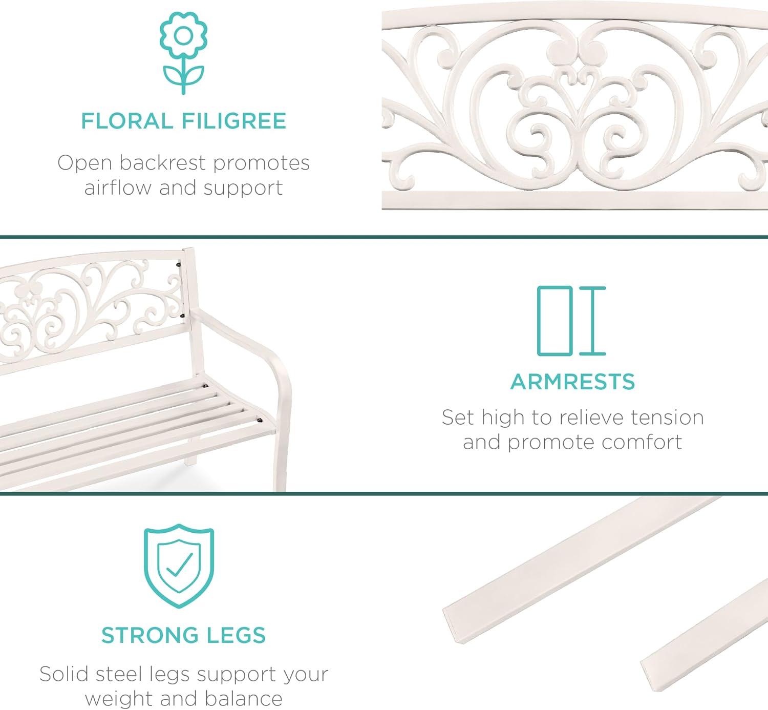 Alcott Hill® Outdoor Steel Bench Garden Patio Porch Furniture W/ Floral Design Backrest