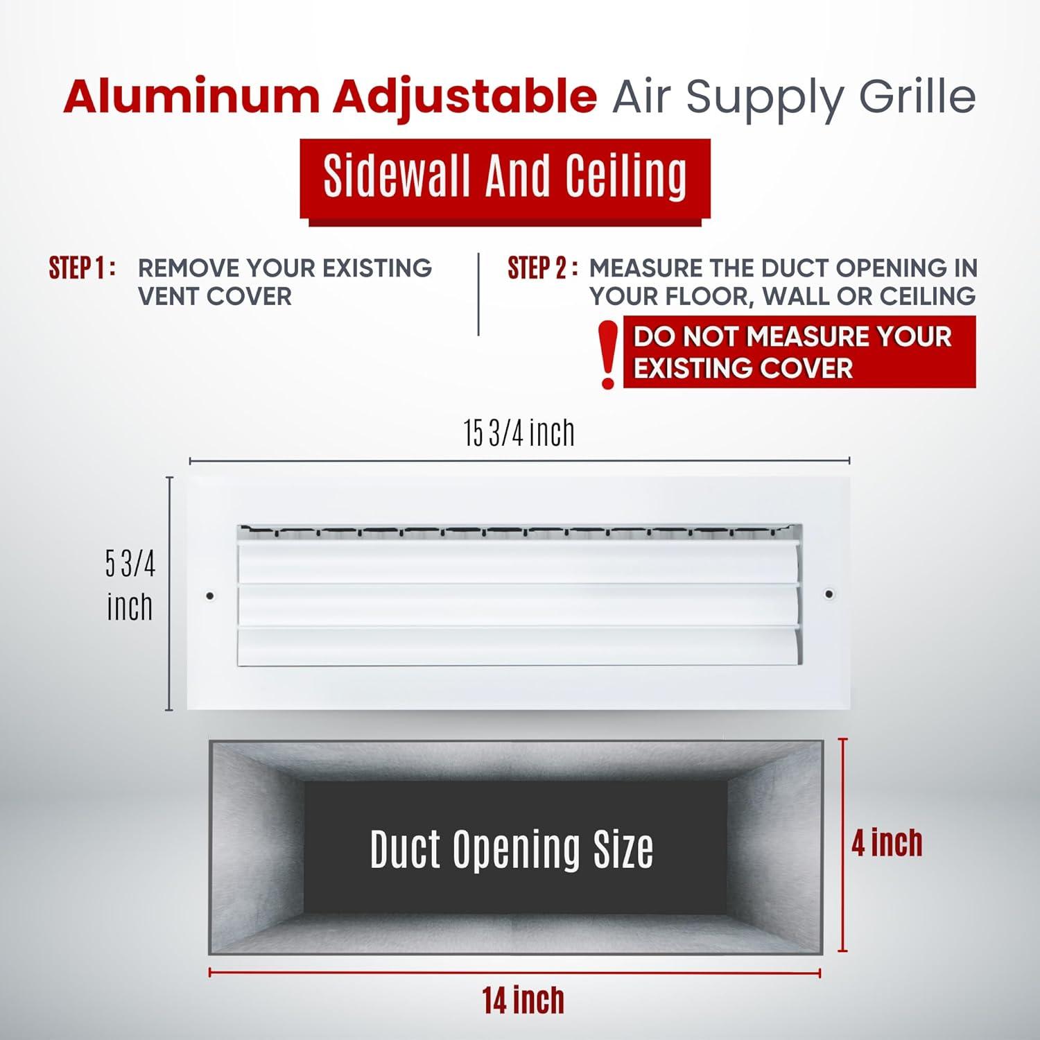 Fits 14x4 Duct Opening Aluminum 1-WAY Adjustable Air Supply Grille by Handua | Curved Blade Register Vent Cover for Sidewall & Ceiling | White | Outer Size: 15.75" X 5.75"