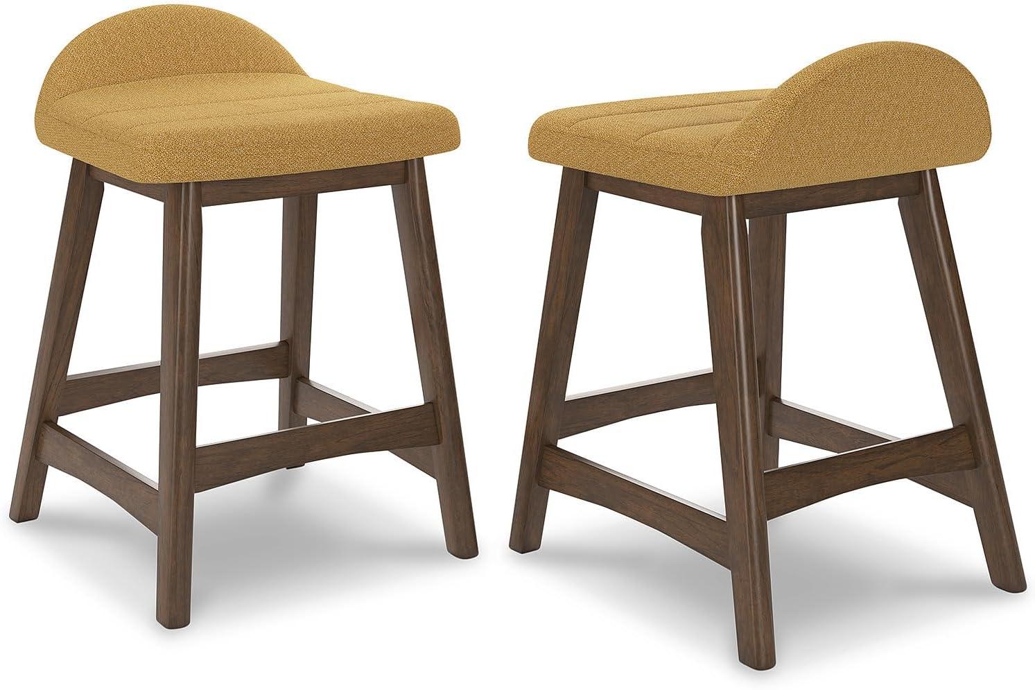 Mustard Upholstered Wood Counter Height Bar Stools, Set of 2