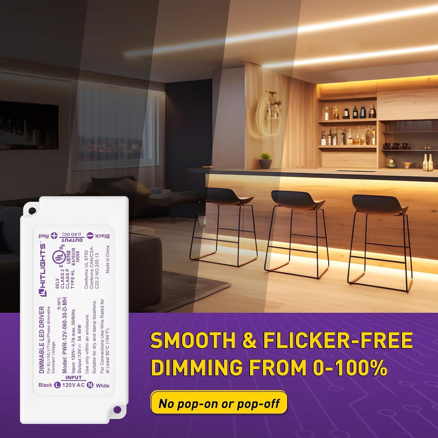 HitLights 60W Dimmable LED Driver, Electronic Transformer, 120V AC to 12V DC Power Supply for LED Strip Light, Low Voltage Lighting Project, Compatible with Lutron Leviton Dimmers, UL Listed, Class 2