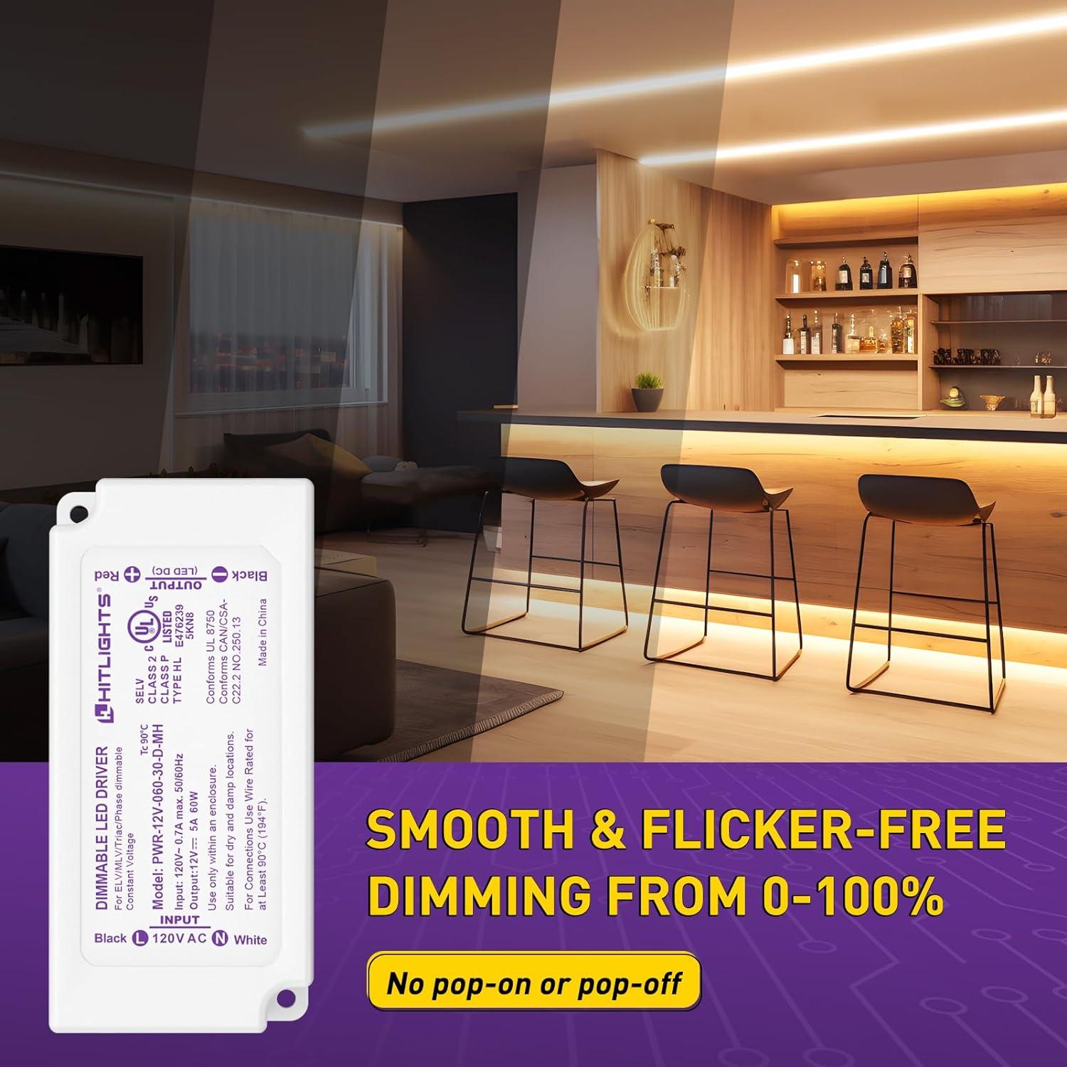 HitLights 60W Dimmable LED Driver, Electronic Transformer, 120V AC to 12V DC Power Supply for LED Strip Light, Low Voltage Lighting Project, Compatible with Lutron Leviton Dimmers, UL Listed, Class 2