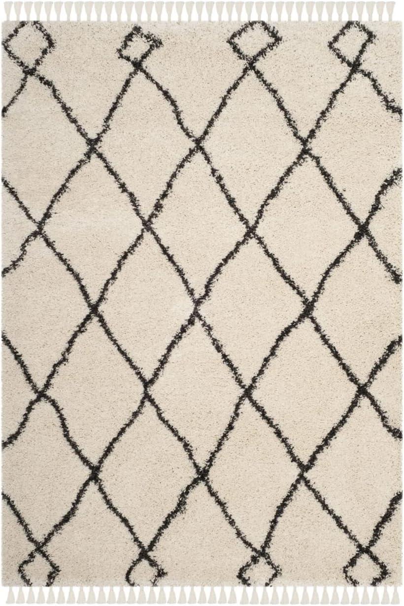 Cream and Charcoal Geometric Shag Area Rug with Fringe, 4' x 6'