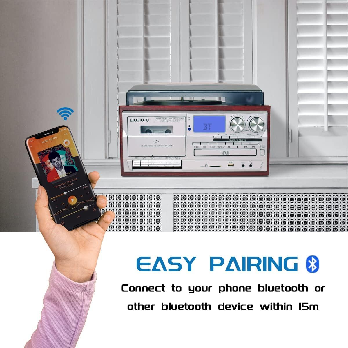 Record Player 9 in 1 3 Speed Bluetooth Vintage Turntable CD Cassette Vinyl Player AM/FM Radio USB/SD Encoding Aux-in RCA Line-Out (Silver)