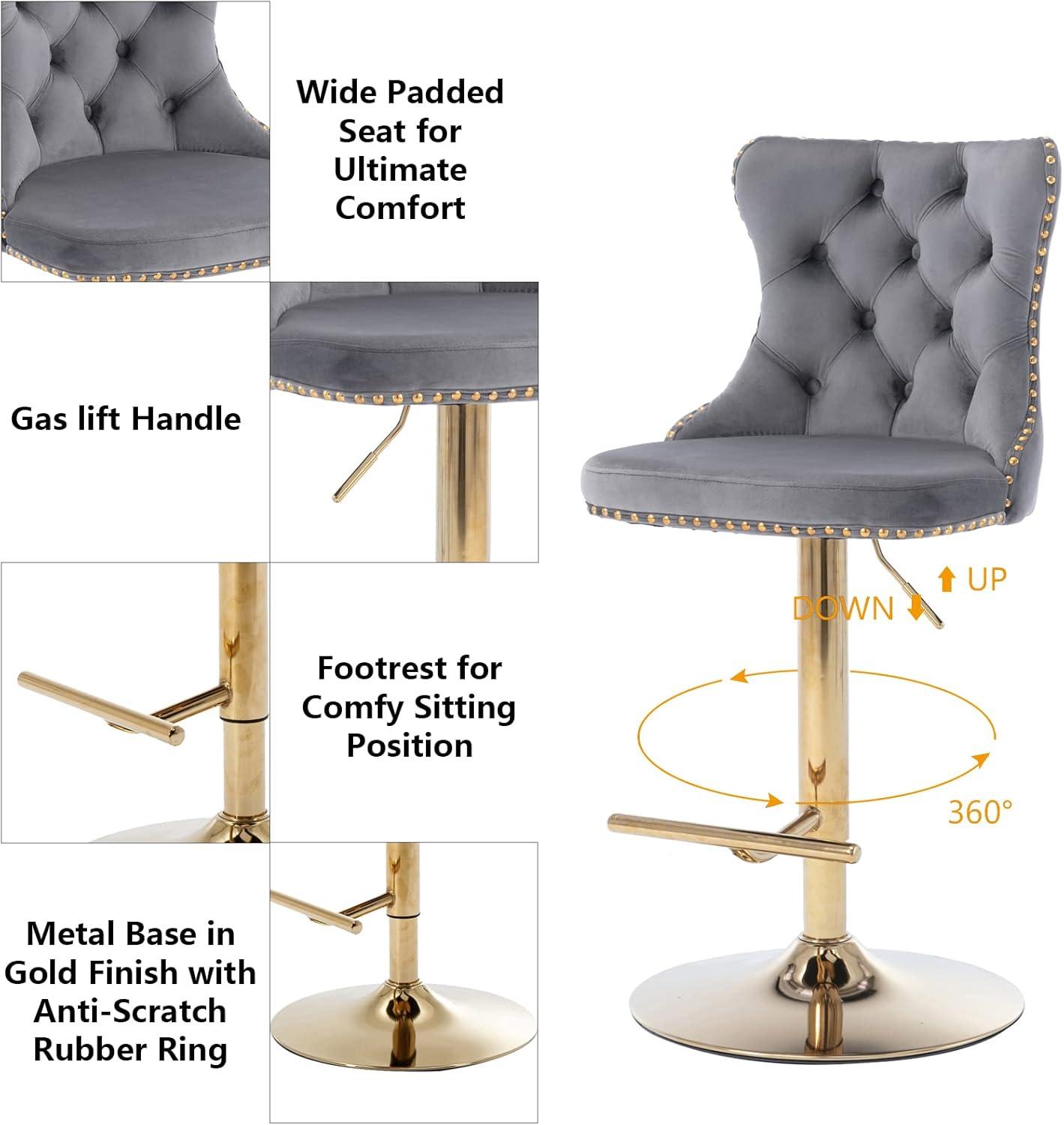 Grey Velvet Swivel Bar Stools Set of 2 with Upholstered Back, Adjustable Counter Height Barstools, Bar Chairs for Home Bar Kitchen Island Pub Restaurant (2 Pcs, Gray)