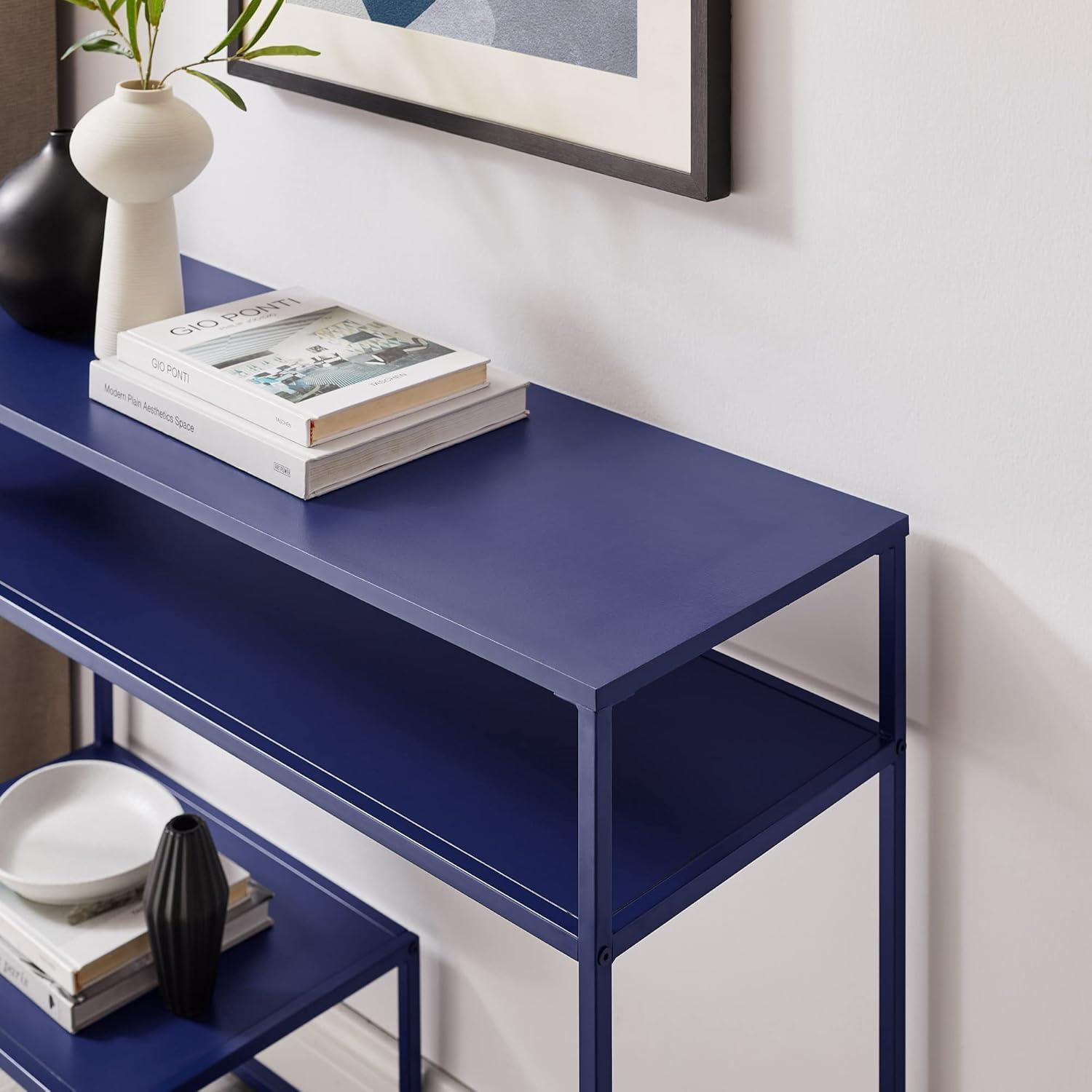 42" Metal and Wood Console Table with Tiered Shelves - Blue