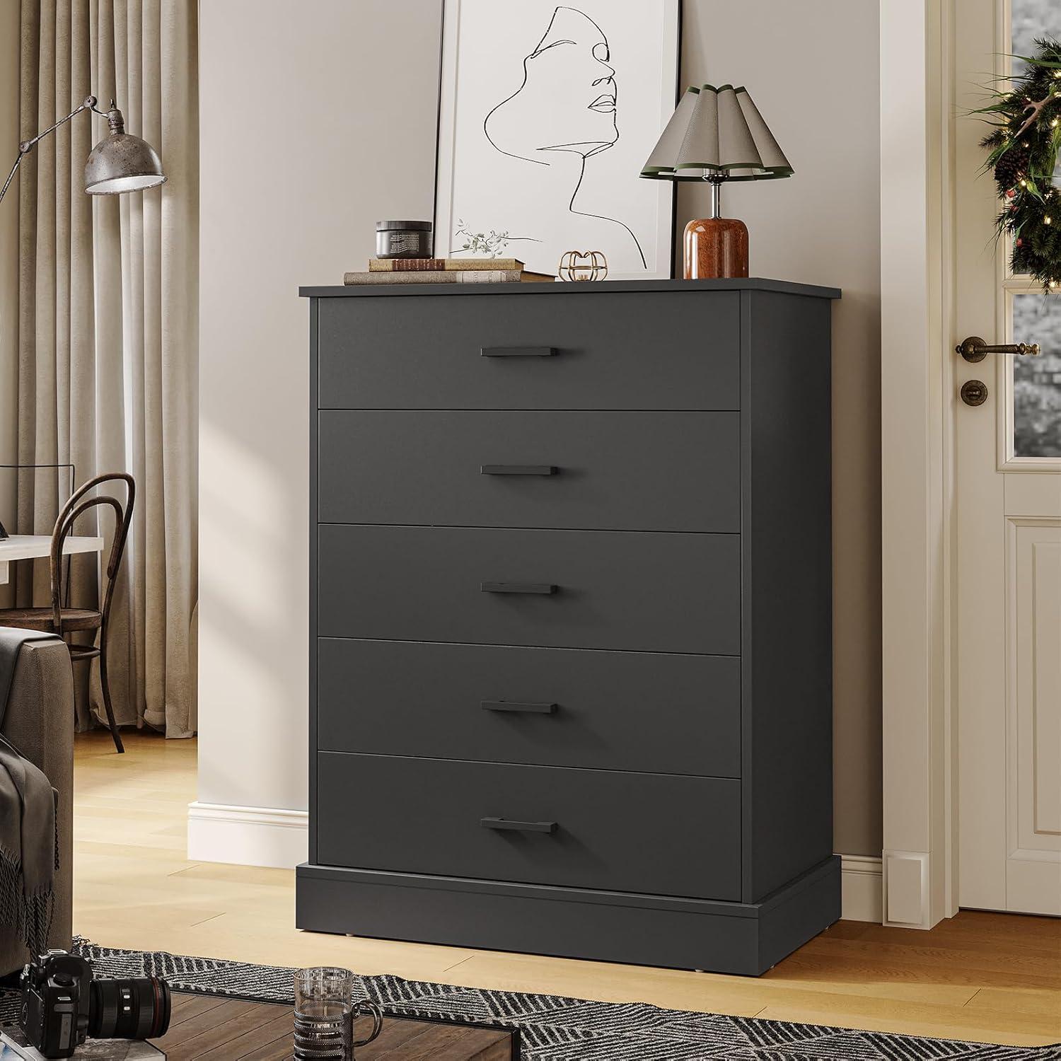 Tall Dresser with 5 Drawers for Bedroom, Storage Tower Clothes Organizer, Black Chest of Drawers with Sturdy Pedestal, 27.6'' W x 15.8'' D x 40.2'' H