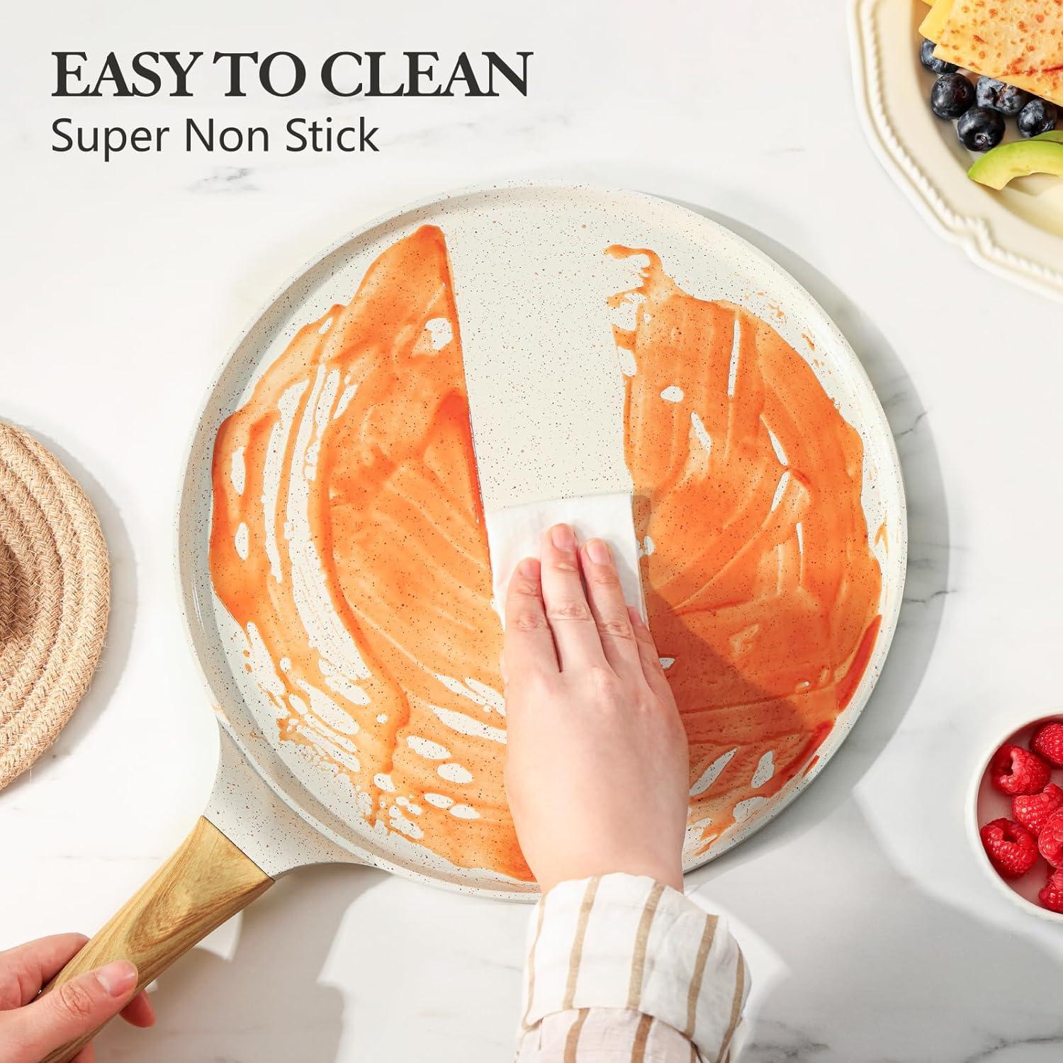 SENSARTE Nonstick Crepe Pan with Spreader, 10-Inch Natural Ceramic Coating Dosa Pan Pancake Flat Skillet Tawa Griddle with Stay-Cool Handle, Induction Compatible (White)