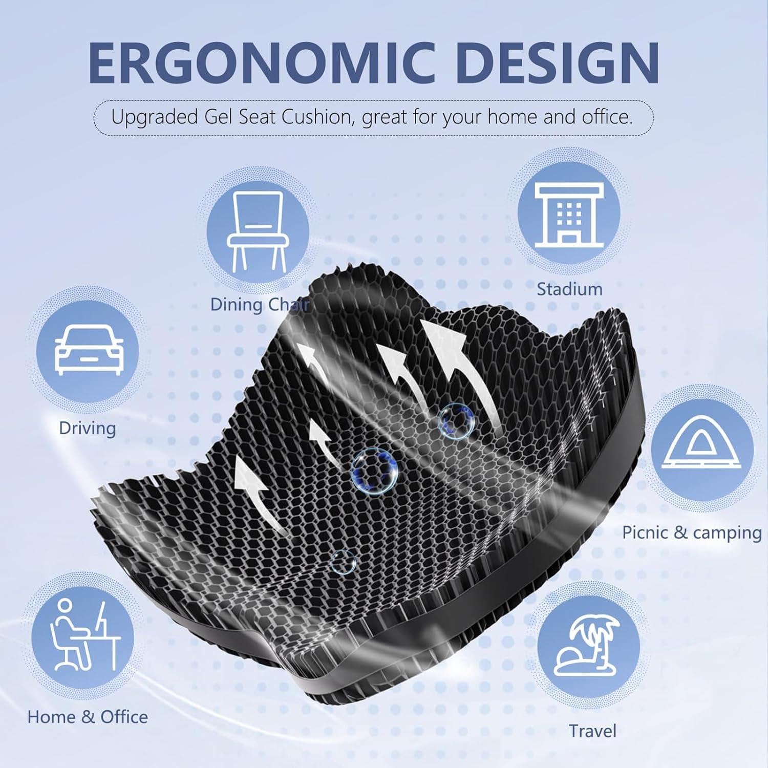 Black Gel Ergonomic Cooling Seat Cushion for Long Sitting