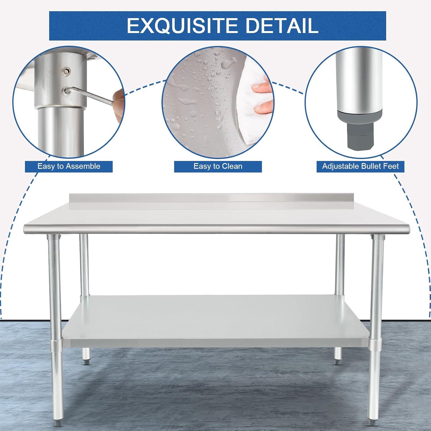 Heavy Duty Stainless Steel Prep Table with Undershelf and Backsplash, 30 x 60 Inches