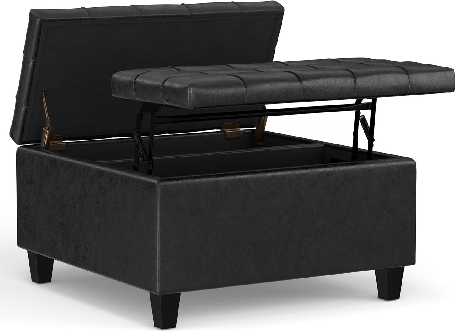 Simpli Home Harrison 30 inch Wide Transitional Square Small Coffee Table Storage Ottoman in Distressed Black Vegan Faux Leather