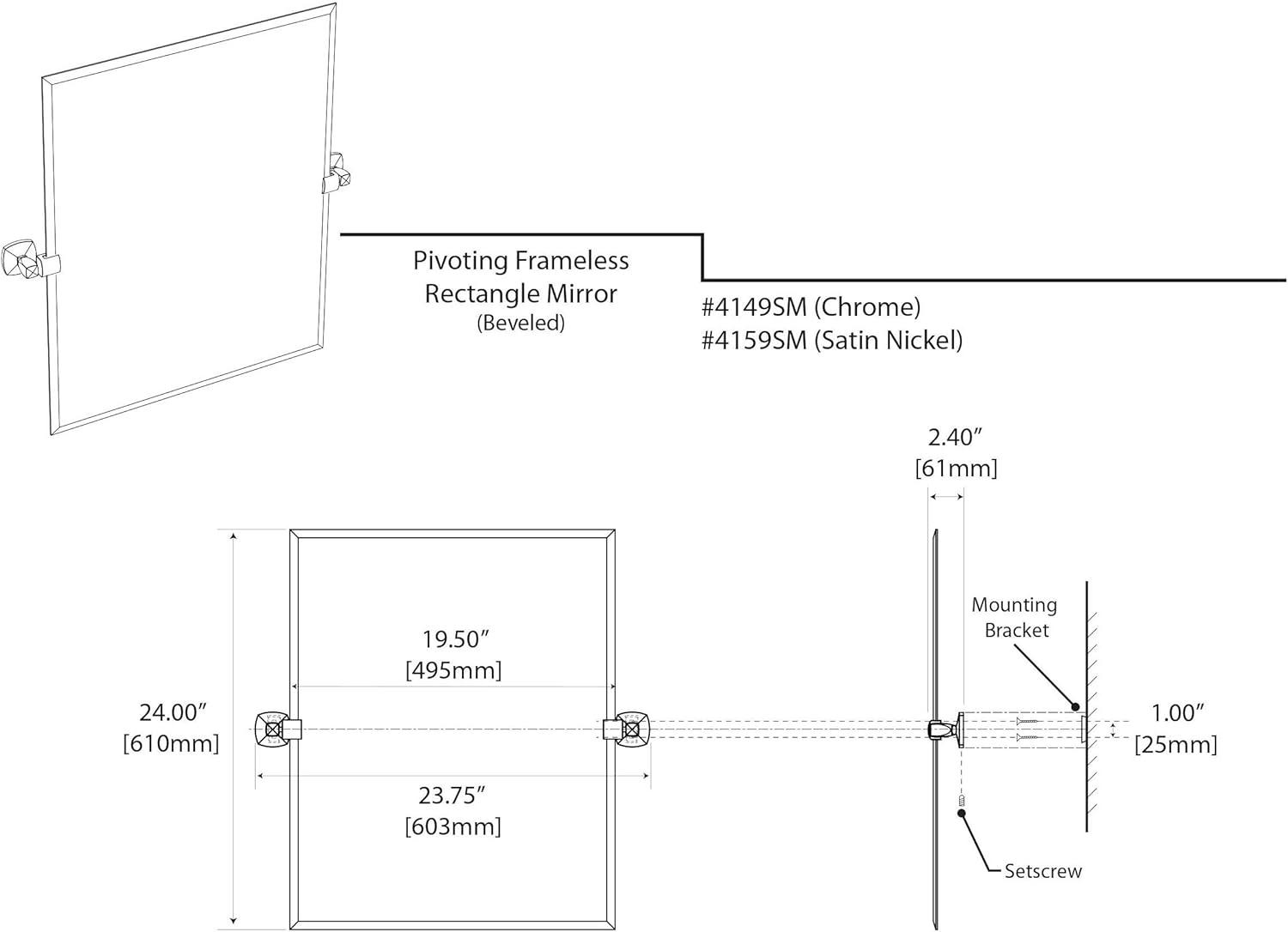 Jewel Modern Frameless Rectangle Bathroom Vanity Mirror | Pivoting and Beveled