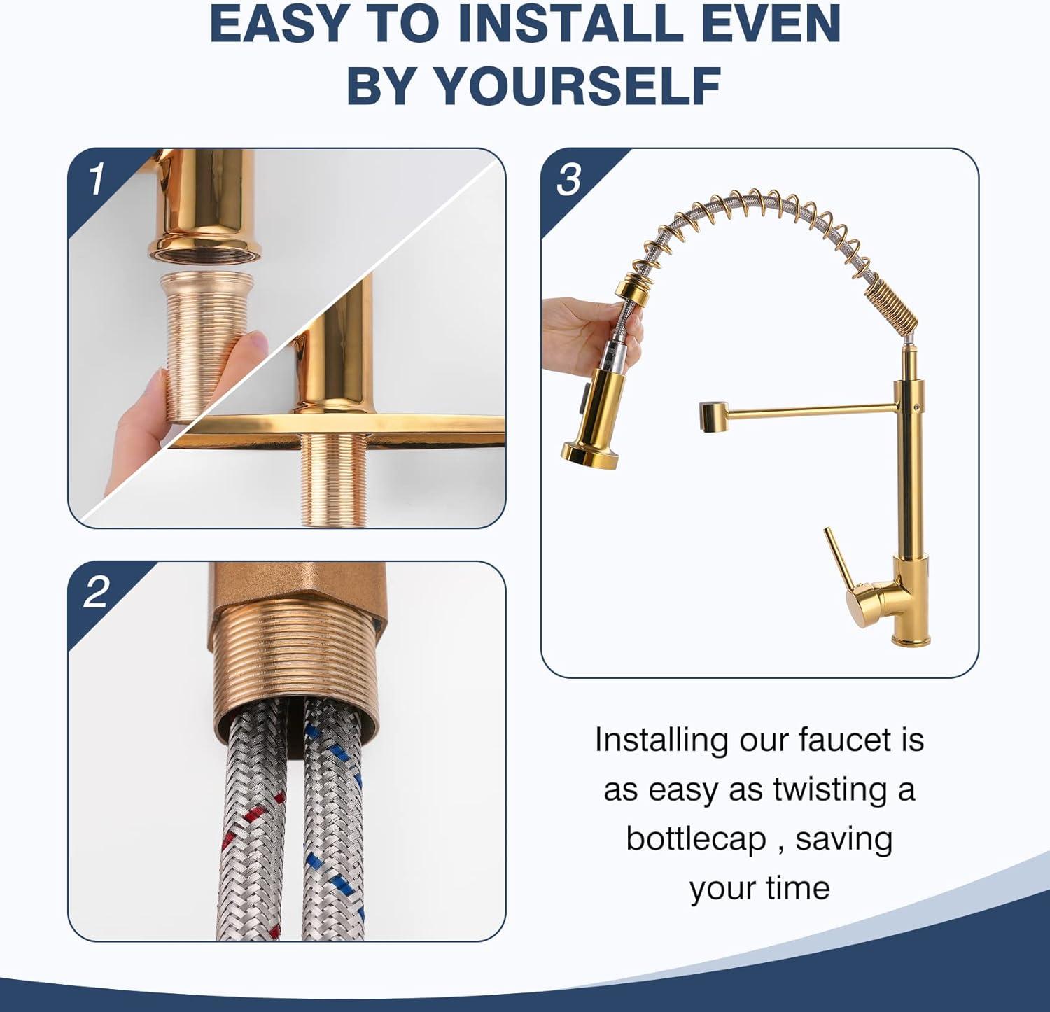 Gold Kitchen Faucet Stainless Steel Pull Down Kitchen Sink Faucet with Spray 1/One Hole Pre-Rinse Spring High- Arc Single Handle Kitchen Faucets for Sink Home Grifo del fregadero de la cocina Dorada