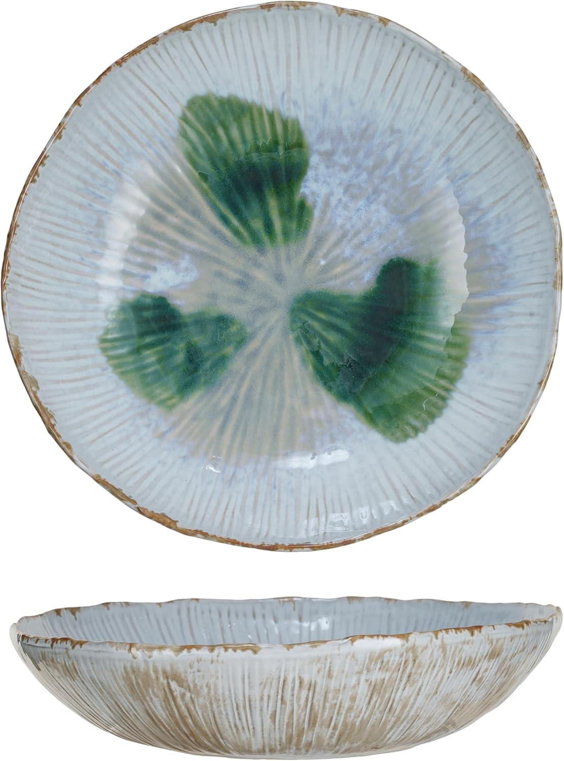 Green and White Ceramic Serving Bowl with Reactive Glaze