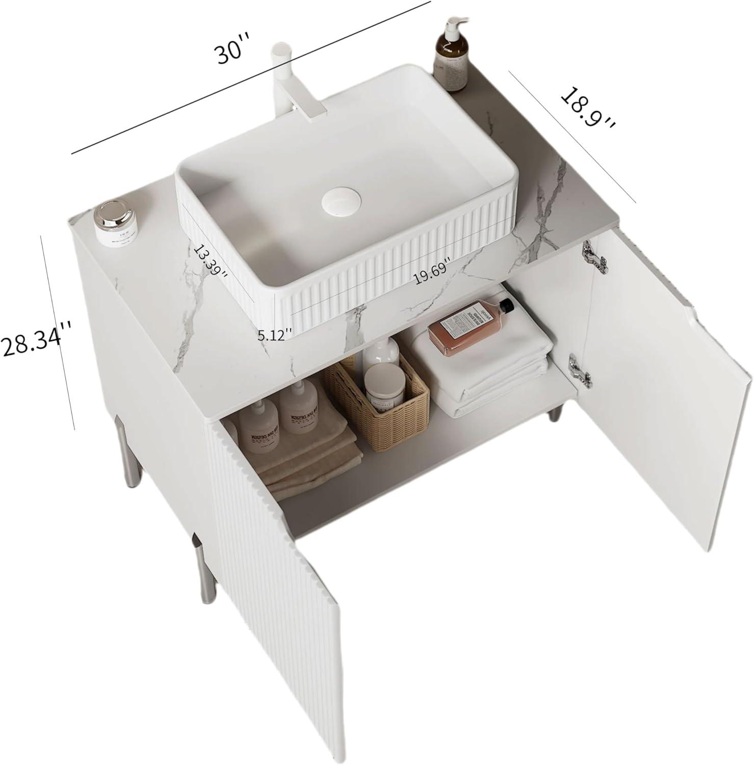 White Ceramic Freestanding Bathroom Vanity with Fluted Doors