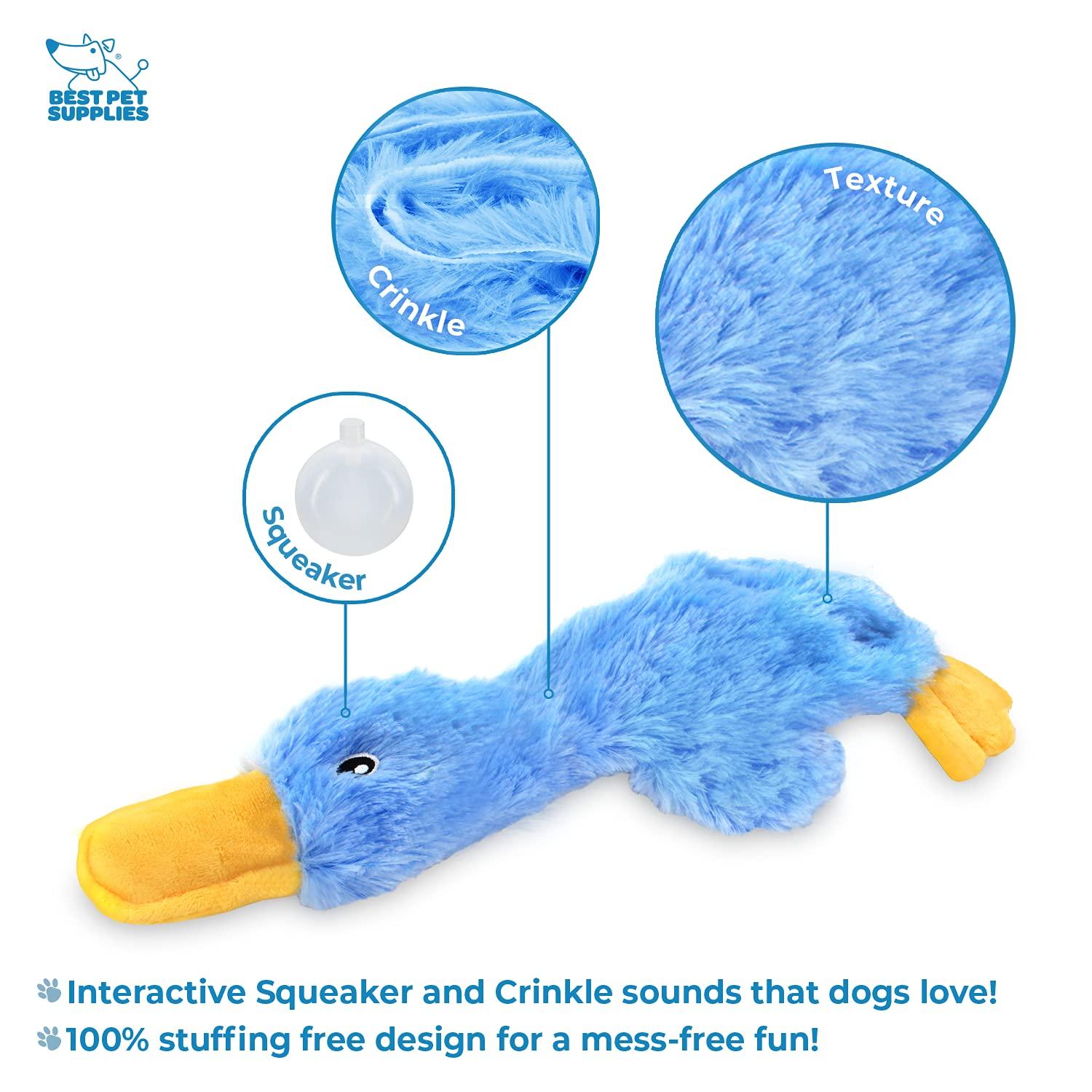 Best Pet Supplies Crinkle Dog Toy for Small, Medium, and Large Breeds, Cute No Stuffing Duck with Soft Squeaker, Fun for Indoor Puppies and Senior Pups, Plush No Mess Chew and Play - Blue