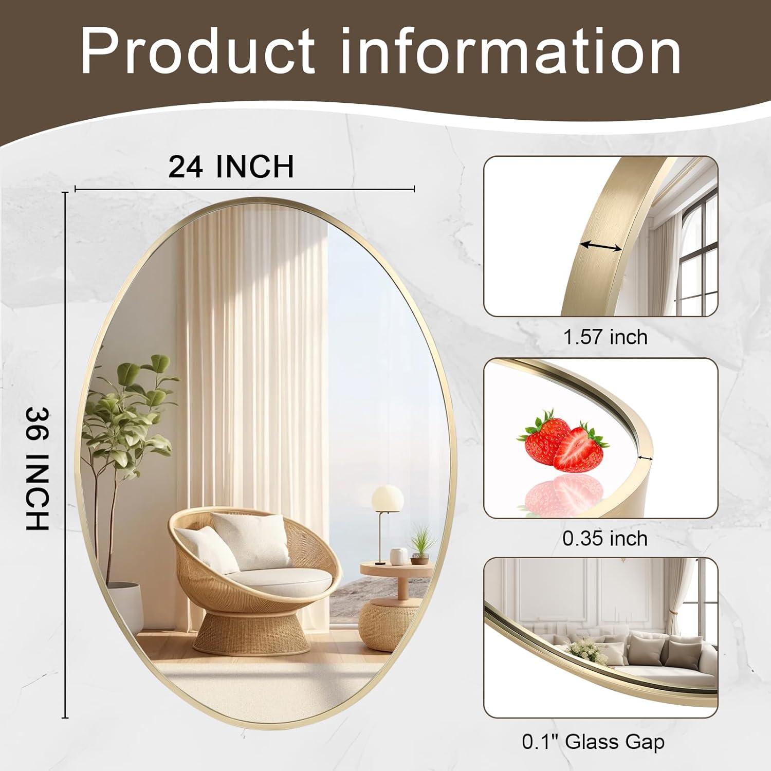 24x36 inch Oval Mirror, Brushed Gold Oval Wall Mirror, Metal Frame Pill Mirror, Gold Bathroom Mirrors for Over Sink, Entryway, Bedroom, Living Room(Horizontally or Vertically)