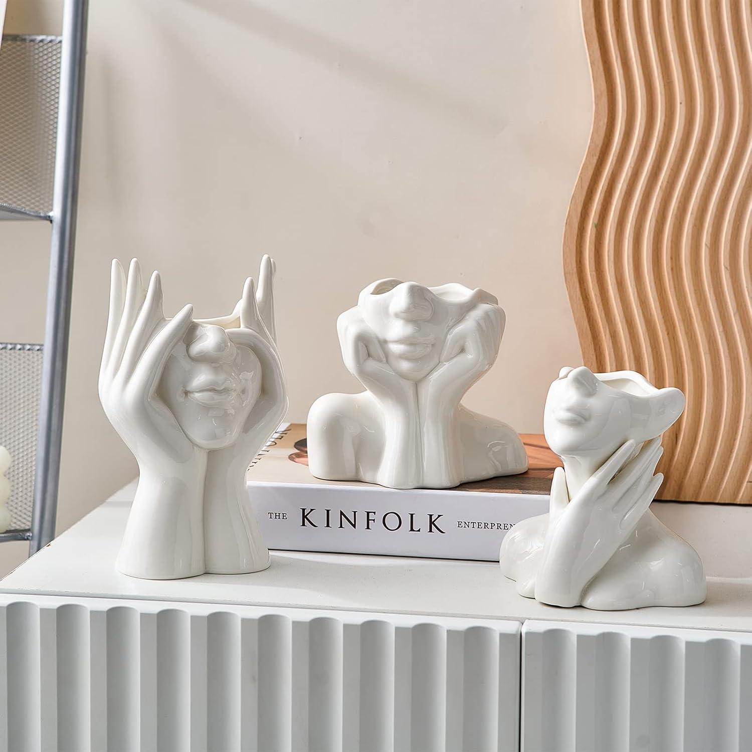 FJS Ceramic Face Vase, White Flower Vase for Decor, 5.3" W x 4.7" H Modern Decorative Vase Centerpiece for Table Shelf Living Room Office Bedroom