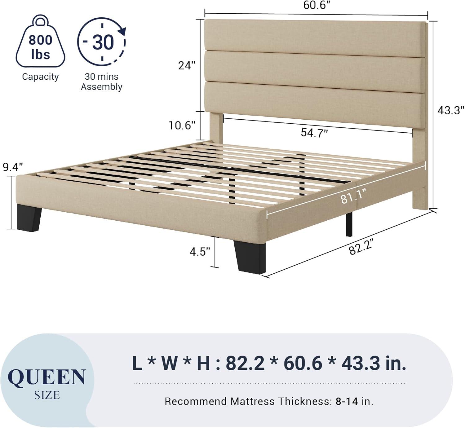 Beige Queen Upholstered Platform Bed with Wooden Slats