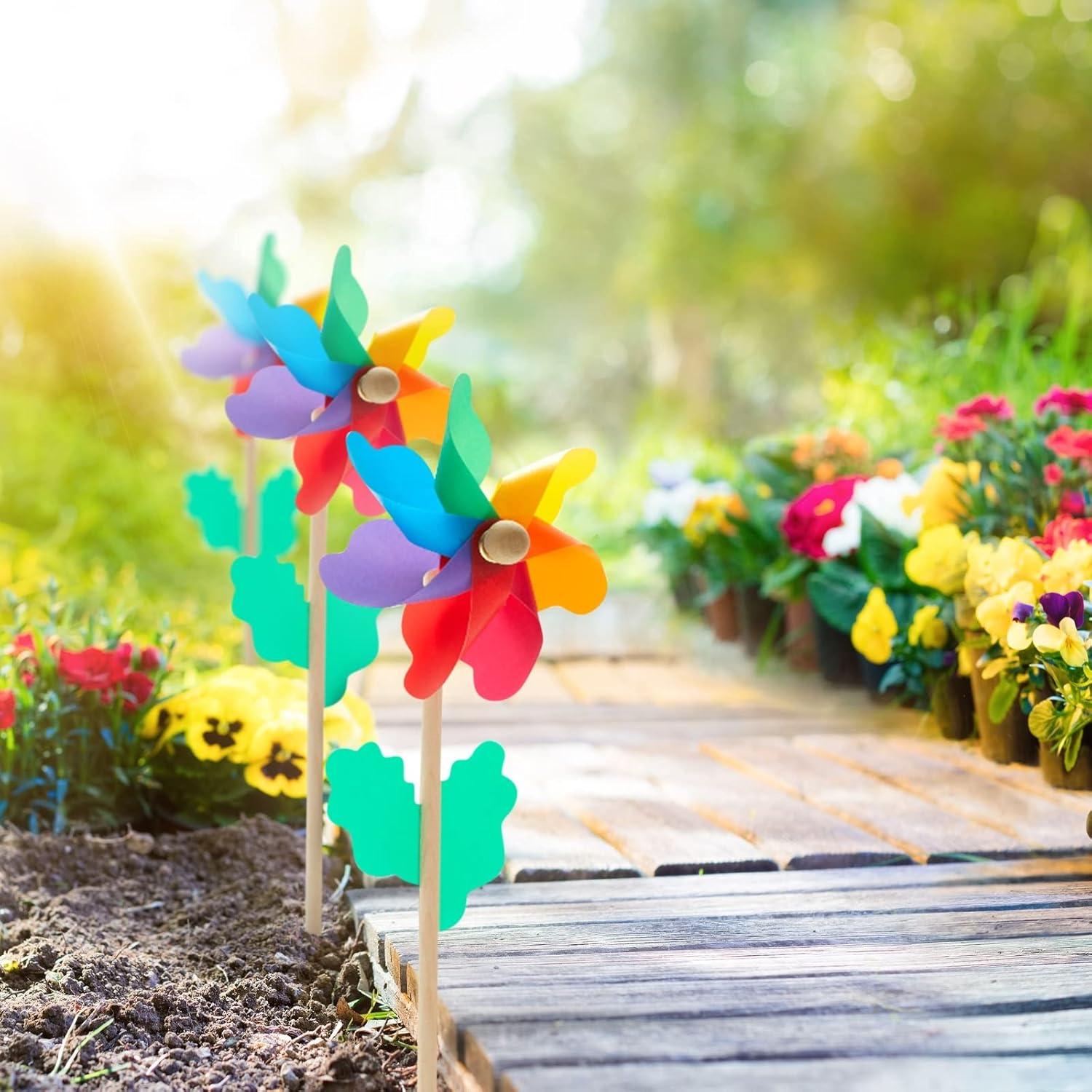 Blue Panda 12-Pack Rainbow Flower Pinwheels for Yard and Garden - Wind Spinners and Outdoor Party Favors for Kids