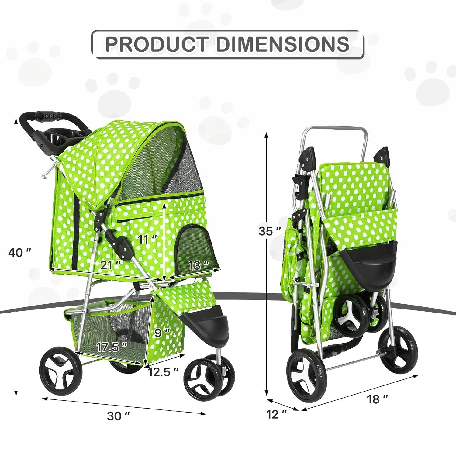 MoNiBloom 3 Wheel Folding Pet Dog Stroller, Foldable Lightweight Trolley with Storage Basket, Cup Holder and 360° Rotating Front Wheel for Small Medium Dogs, Lawn Green with White Polka Dots