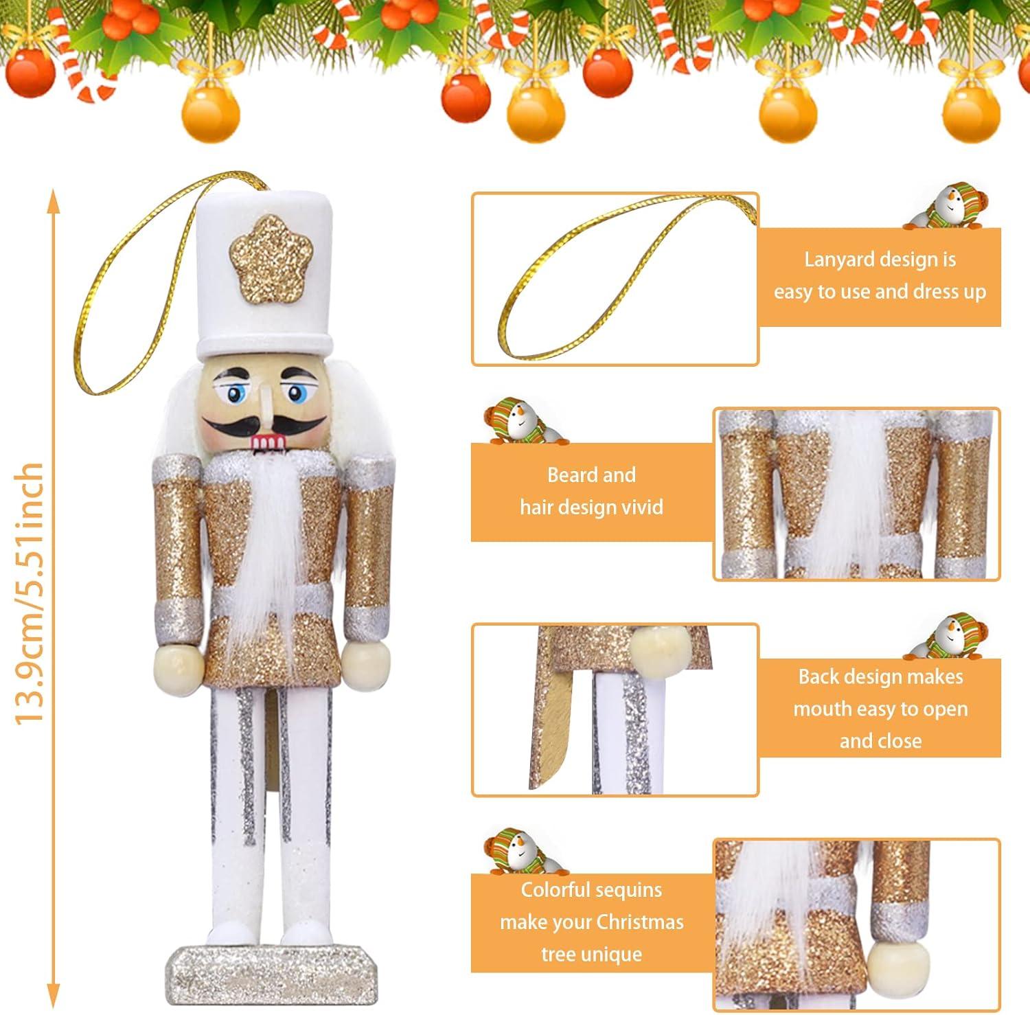 5PCS Christmas Nutcracker Ornament Set, Nutcracker Figures Christmas Decorations for Xmas Tree, Table Decor (White Gold, 5'', Set of 5pcs)