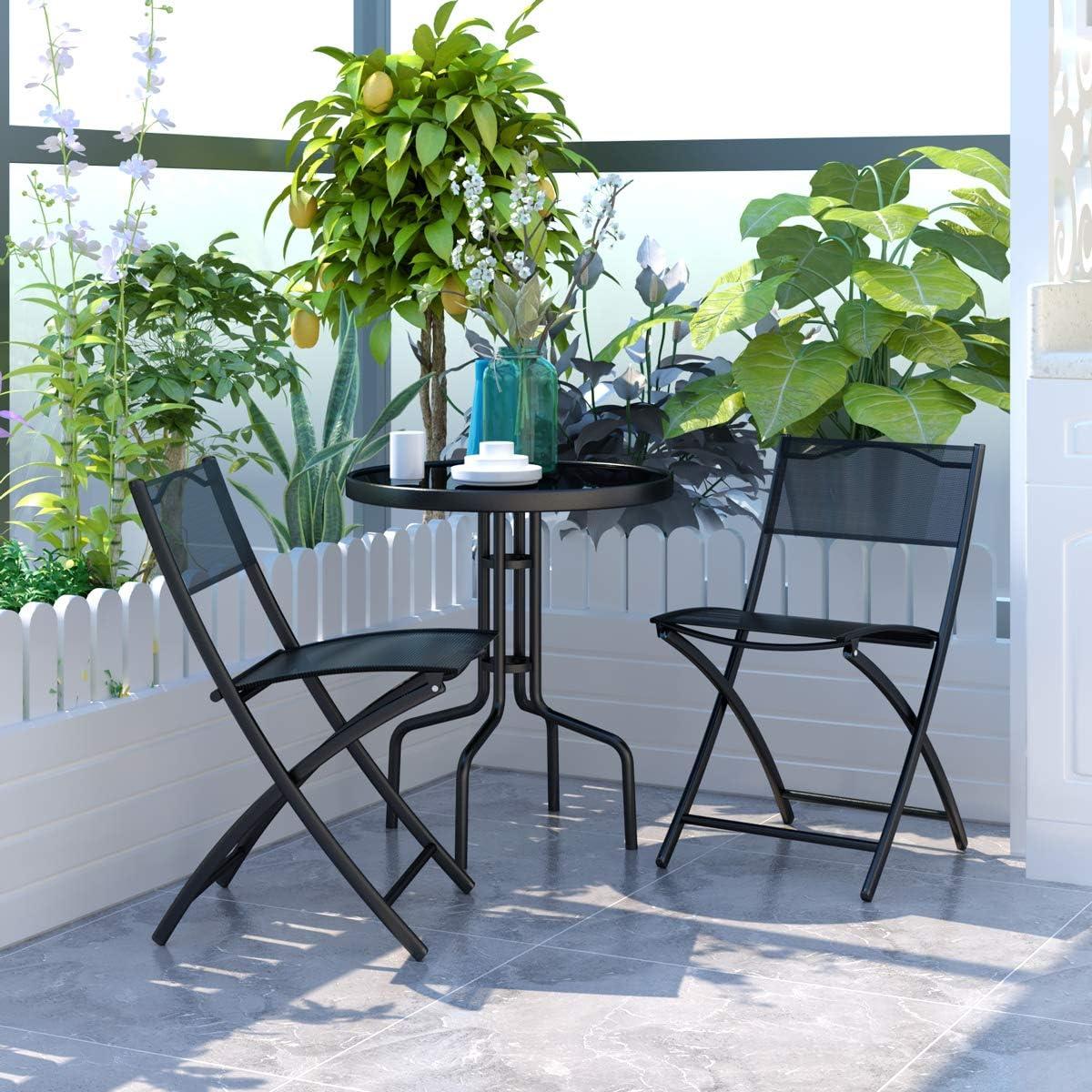 Black Metal and Glass 3-Piece Bistro Set with Folding Chairs