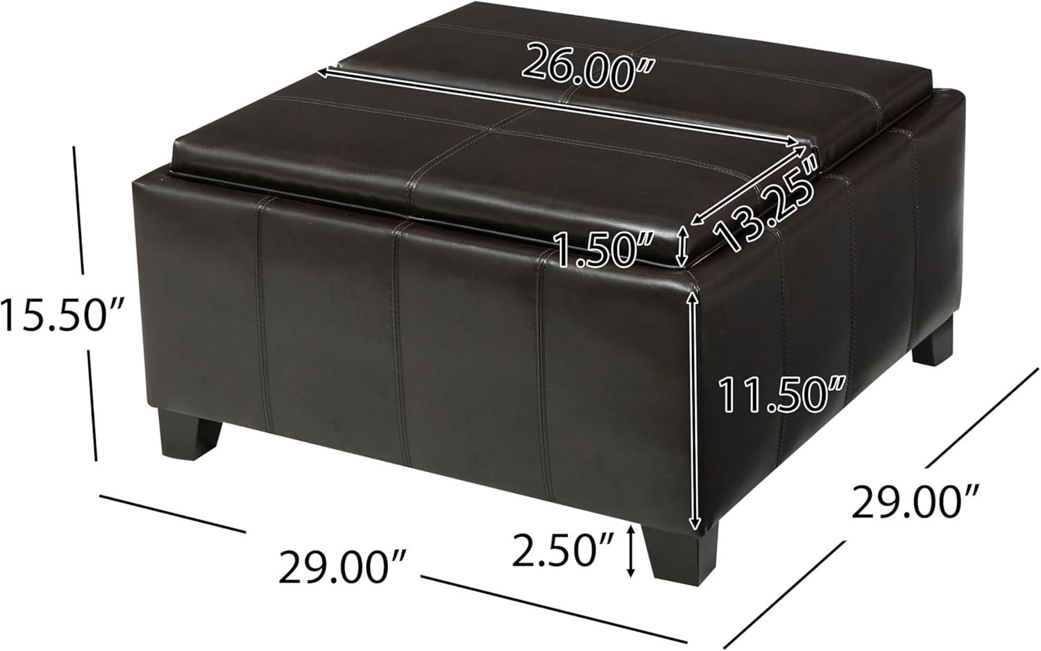 Mansfield Faux Leather Tray Top Storage Ottoman - Brown - Christopher Knight Home: Square Upholstered Bench with Wood Frame
