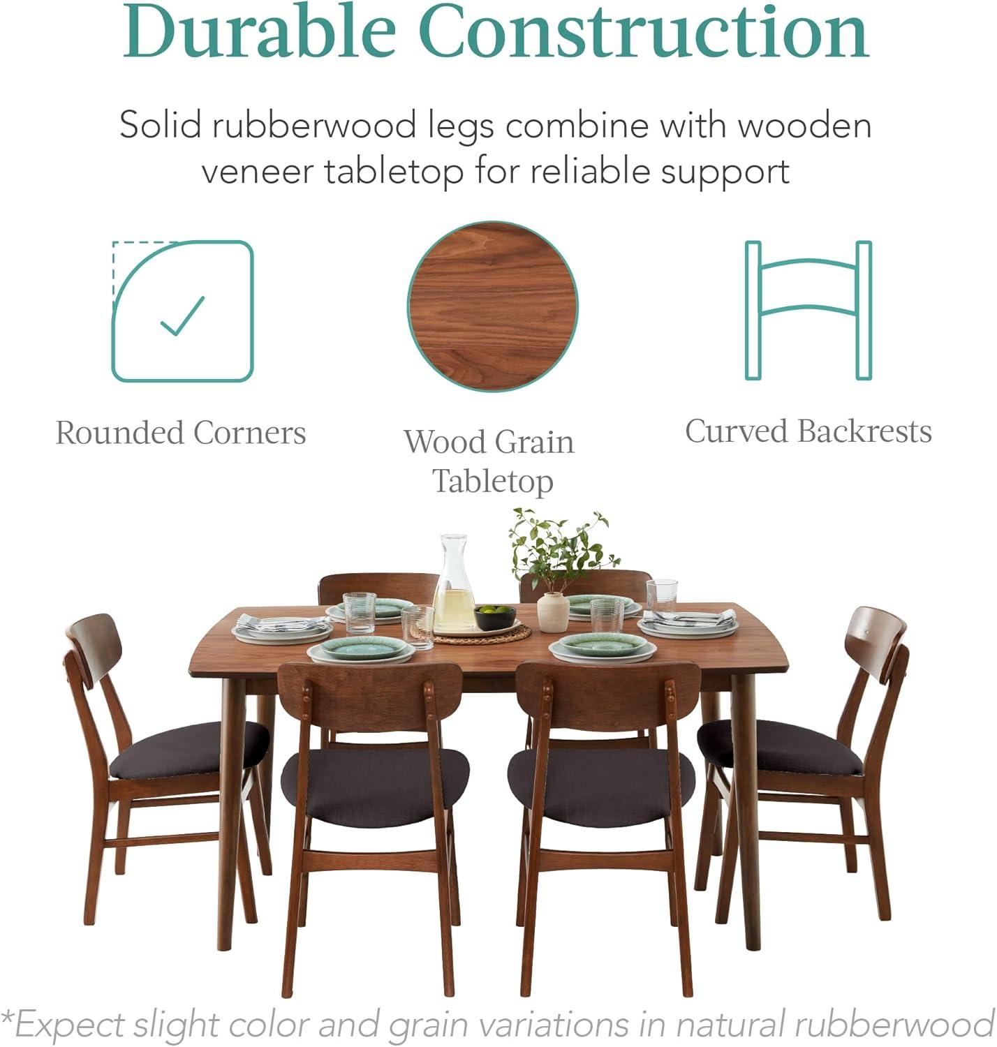 George Oliver 7-Piece Mid-Century Modern Upholstered Dining Set, Wooden Table W/ 6 Chairs - Walnut/Gray