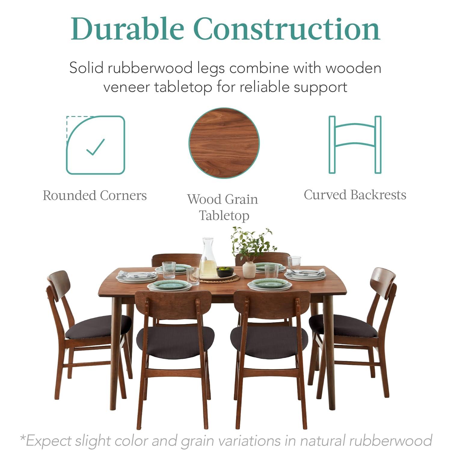 George Oliver 7-Piece Mid-Century Modern Upholstered Dining Set, Wooden Table W/ 6 Chairs - Walnut/Gray