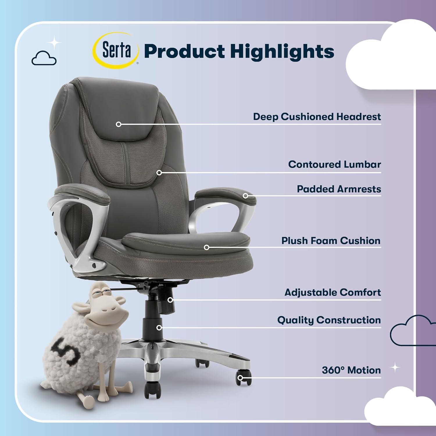 Amplify Executive Mesh Office Chair Seamless Light Gray - Serta: Ergonomic with Fixed Arms & Casters, Adjustable Height
