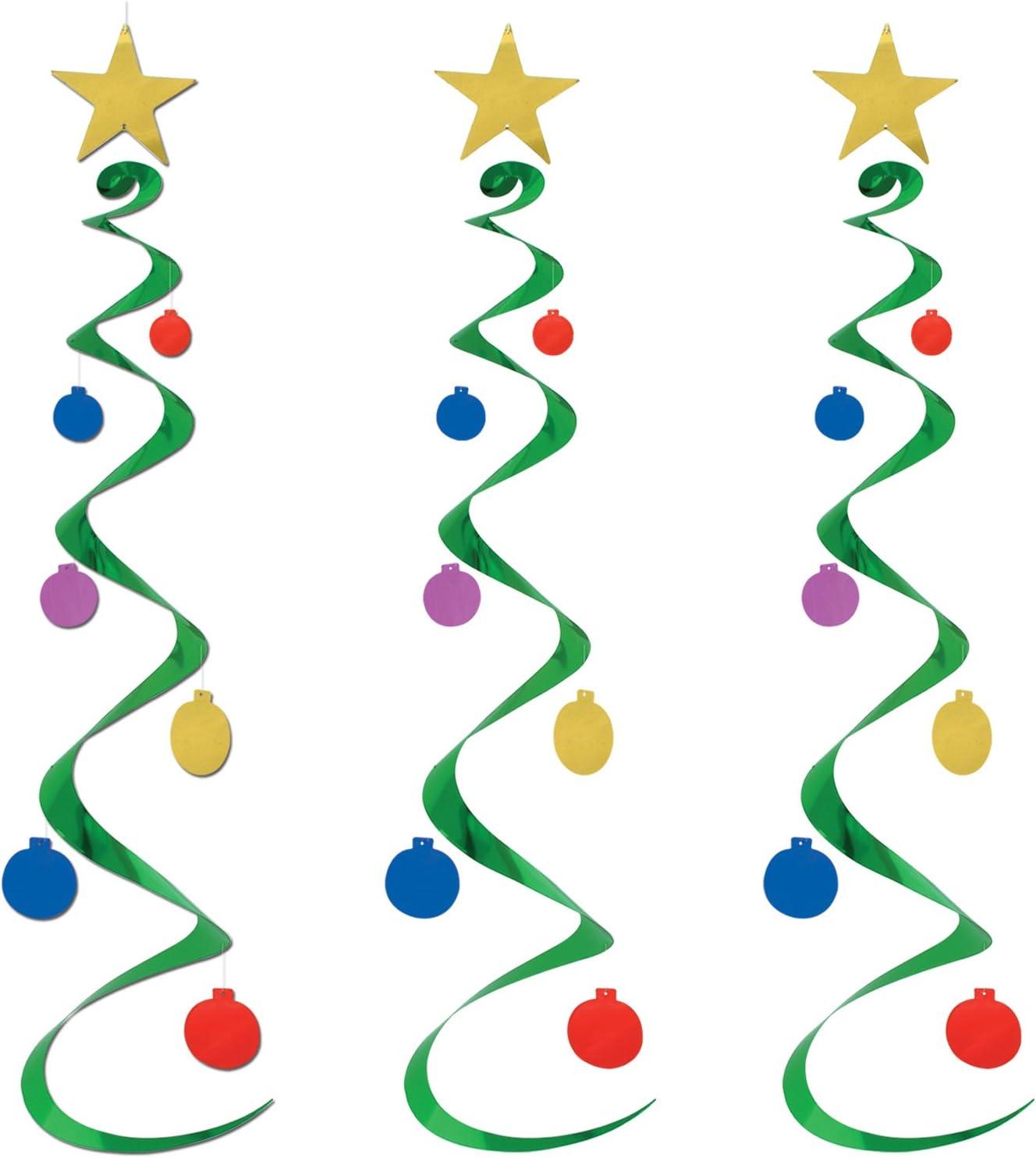 Green Metallic Hanging Christmas Tree Whirls with Ornaments, 30" - 6 Pack