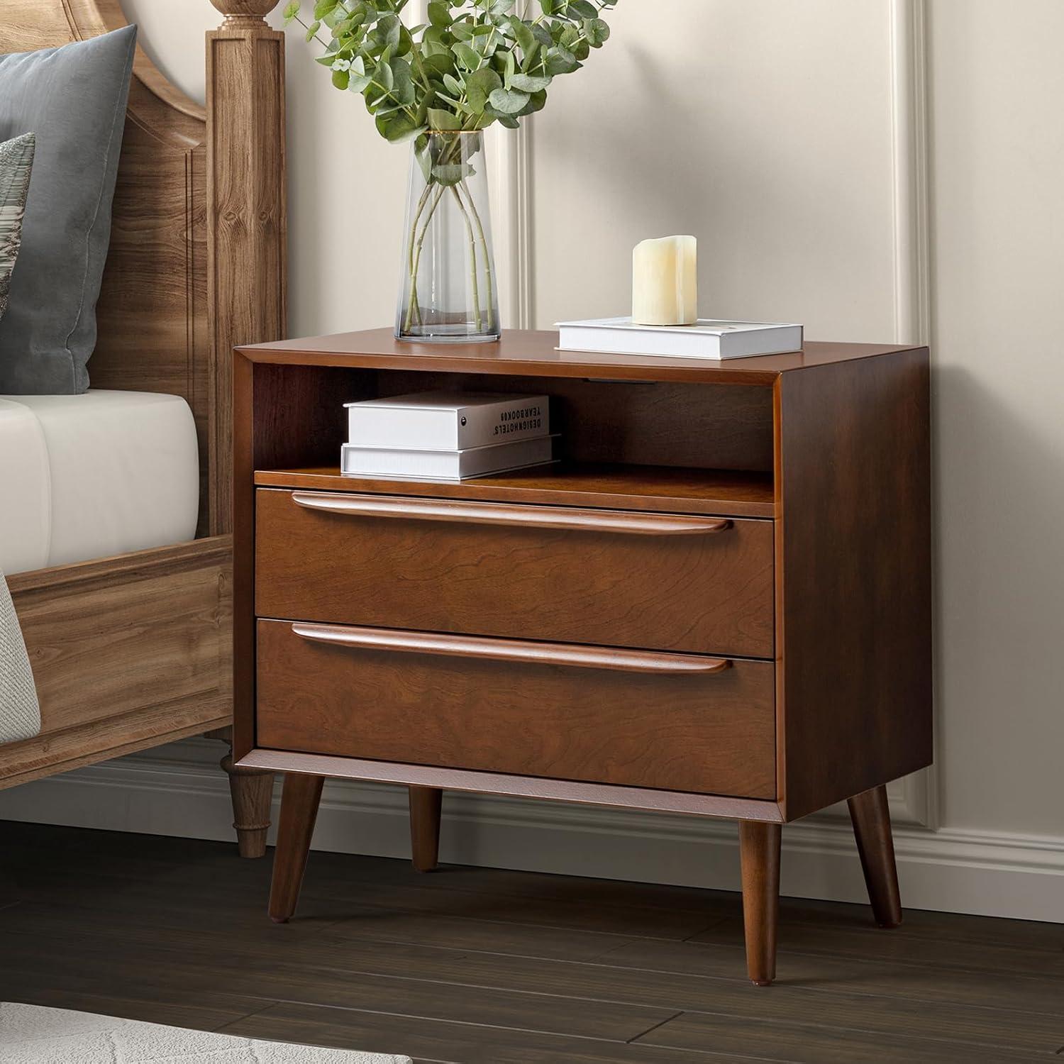 Margery Mid-century Modern 2 - Drawer Nightstand with  Built-In Outlets | HULALA HOME