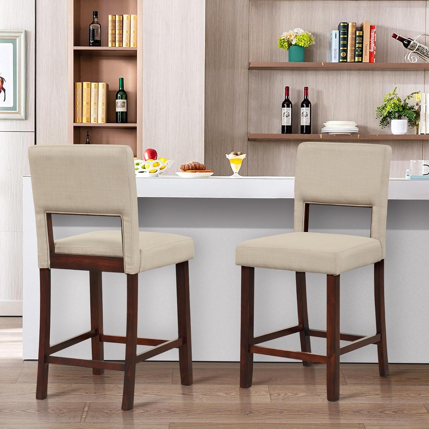 Beige Upholstered Linen Bar Stools with Wooden Legs, Set of 2