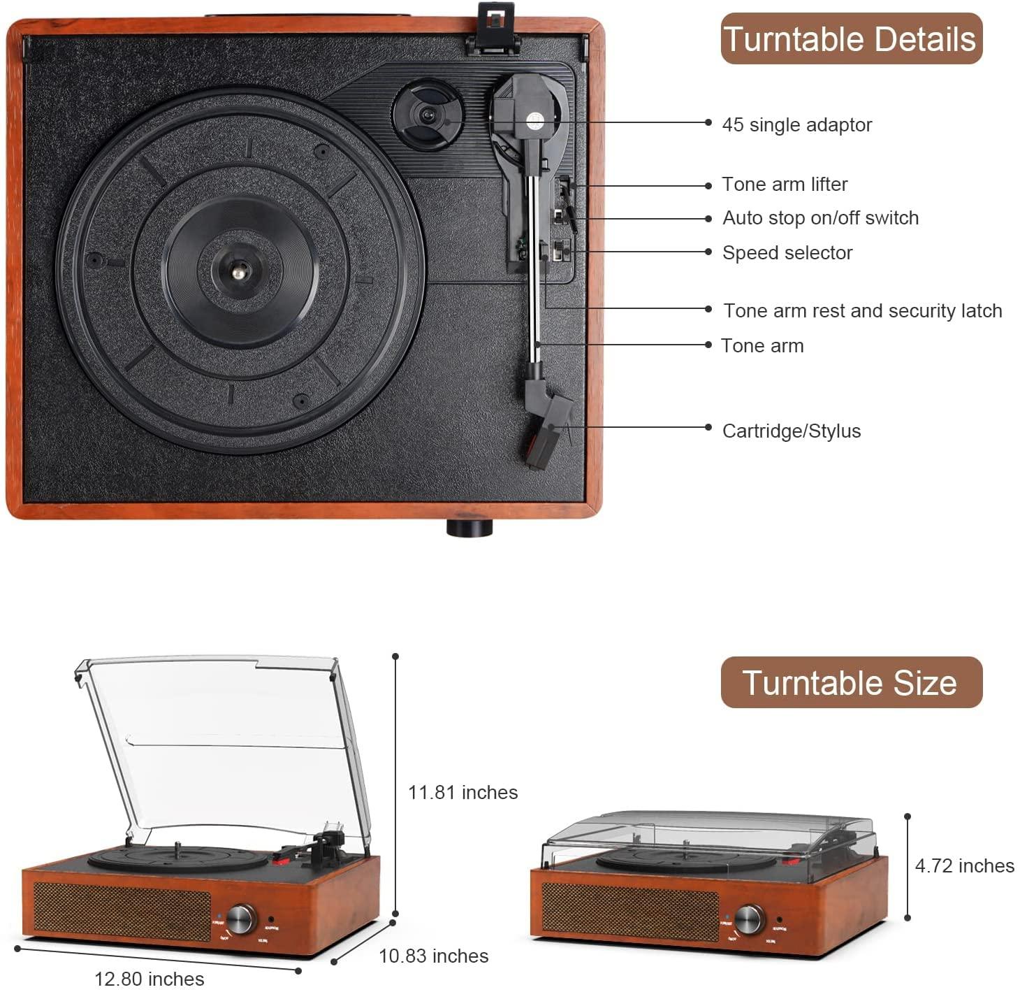 Record Players Vintage Turntable for Vinyl Records with Speakers Belt-Driven Turntables Support 3-Speed, Bluetooth Wireless Playback, Headphone, AUX-in, RCA Line LP Vinyl Players