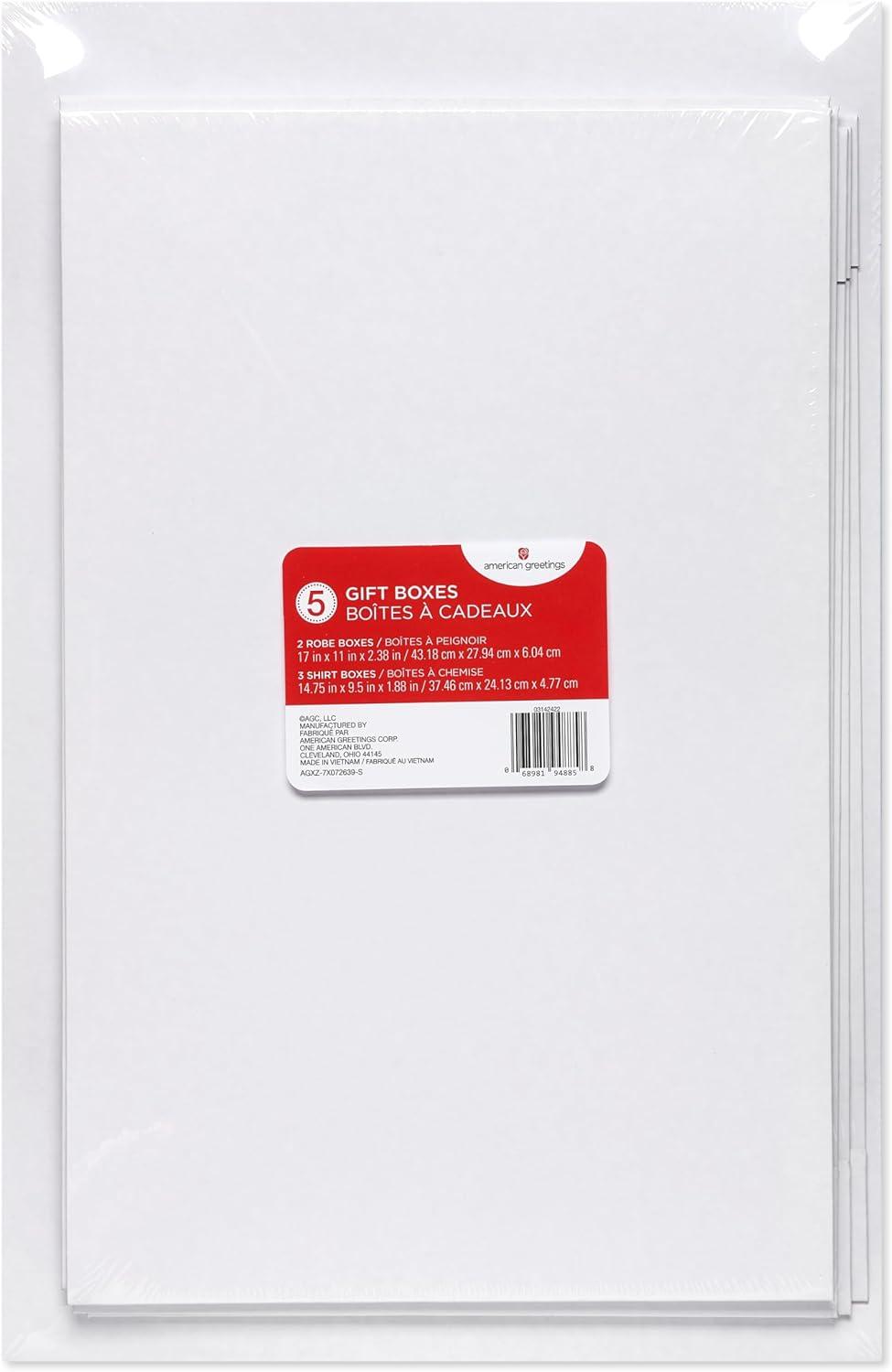 American Greetings White Gift Boxes with Lids for Christmas and All Holidays (5 Boxes, 3 Medium, 2 Large)