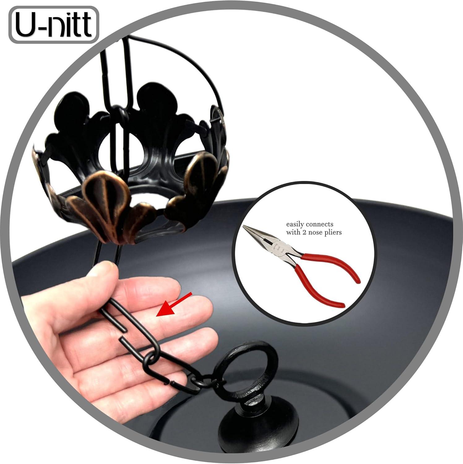 U-nitt 12" Anchoring Basin/Bowl/Dish for Gutter Rain Chain, Spill Bowl for Fountain, with Scupper, Birdbath Alternative, with Attachment Chain, Black Powder Coated with Gold, 972GD