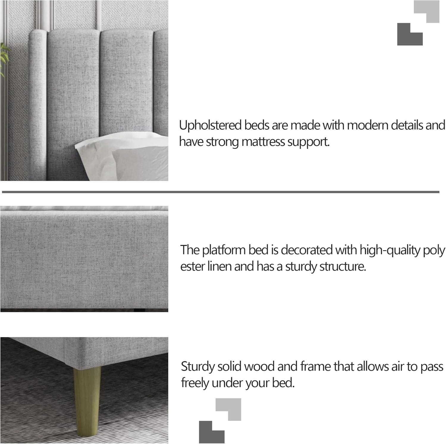 alazyhome Upholstered Platform King Size Bed Frame with Headboard Wooden Slats Support No Noise Easy Assembly Light Grey Linen