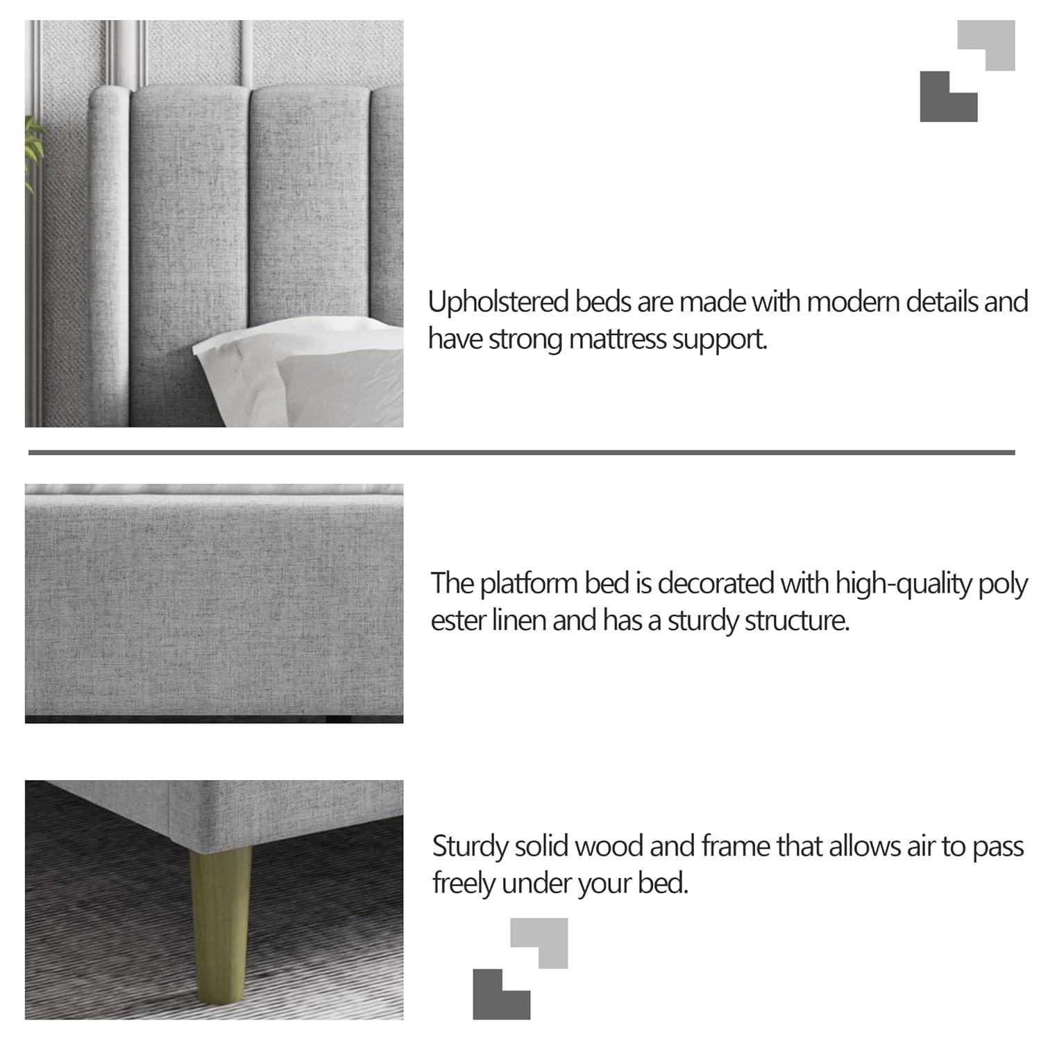 alazyhome Upholstered Platform King Size Bed Frame with Headboard Wooden Slats Support No Noise Easy Assembly Light Grey Linen