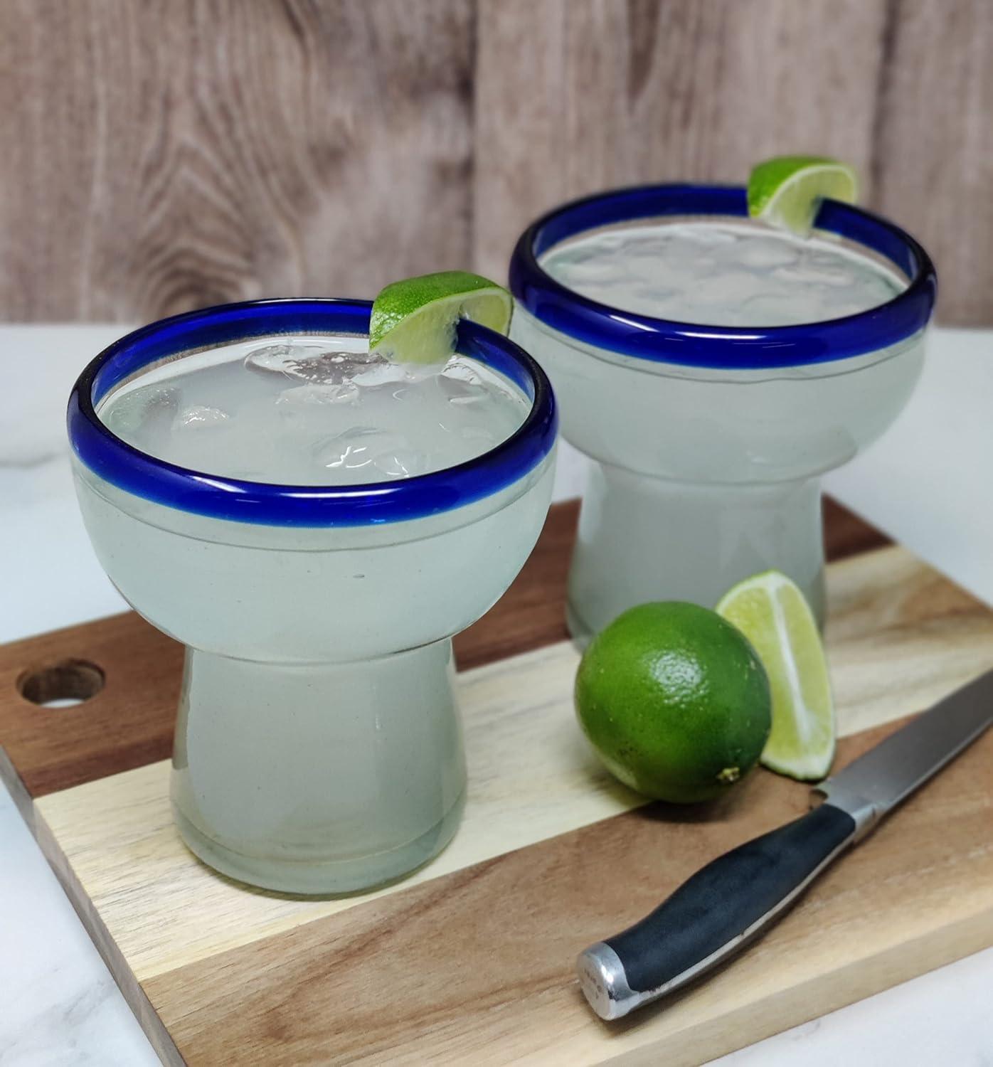 Longshore Tides Mexican Hand Blown Glass - Hand Blown Stemless Blue Rim Margarita Glasses (14oz) (Set of 4)
