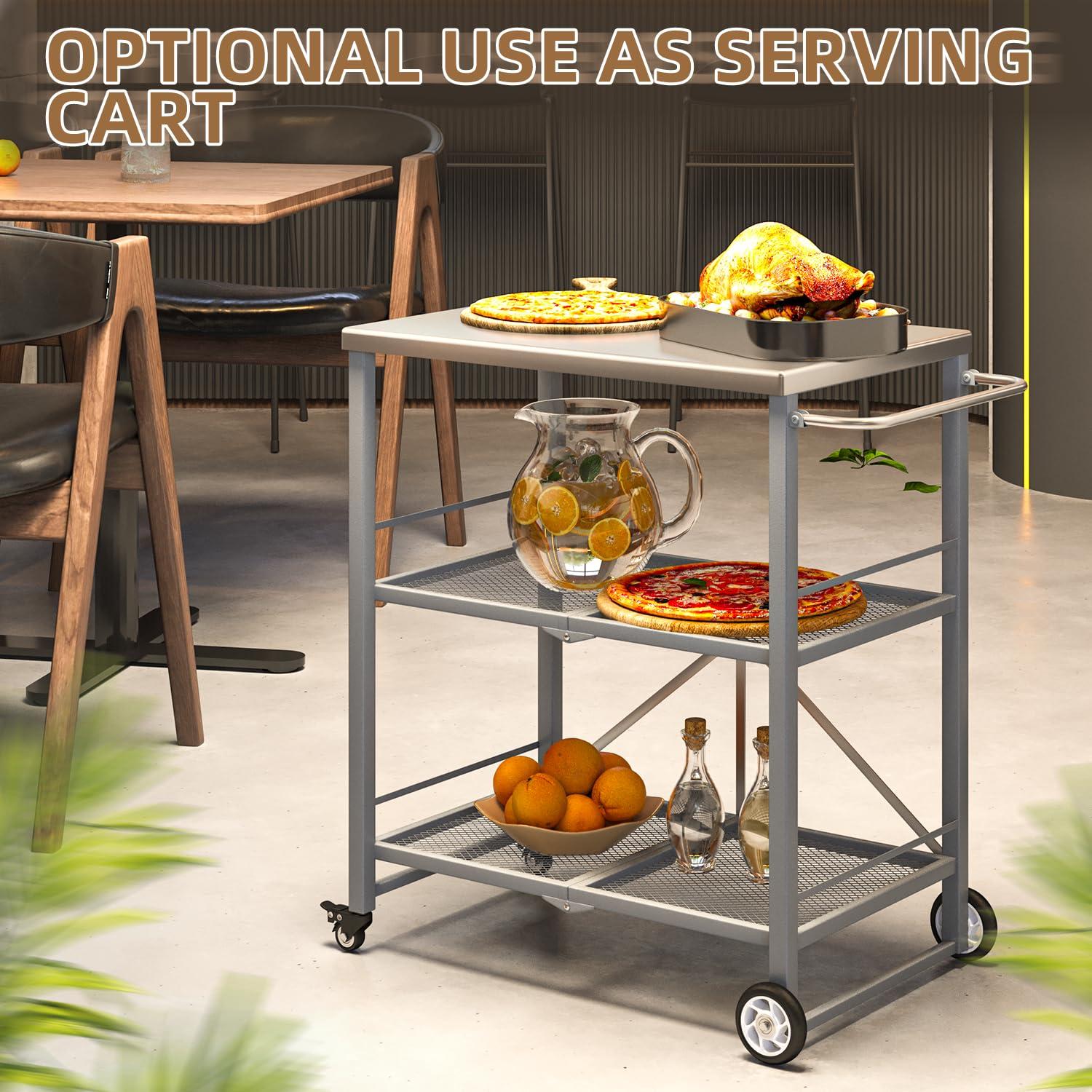 AECOJOY Outdoor Grill Table, Stainless Steel Pizza Oven Stand 3-Tier Folding BBQ Prep Table with Casters, Portable Kitchen Island for Apartment, Studio & Backyard Cooking, Gray