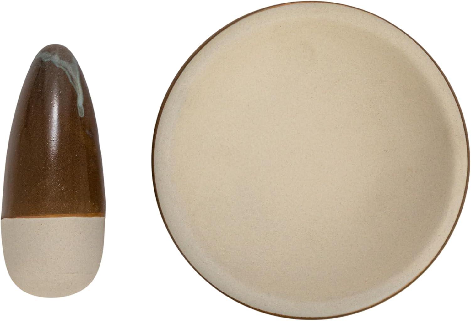 Small Brown and Cream Ceramic Mortar and Pestle