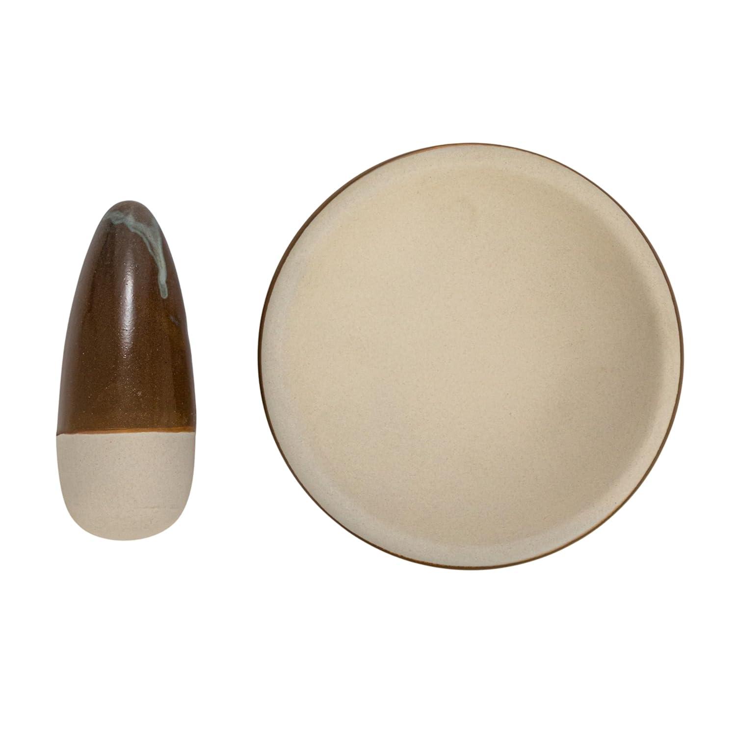 Small Brown and Cream Ceramic Mortar and Pestle